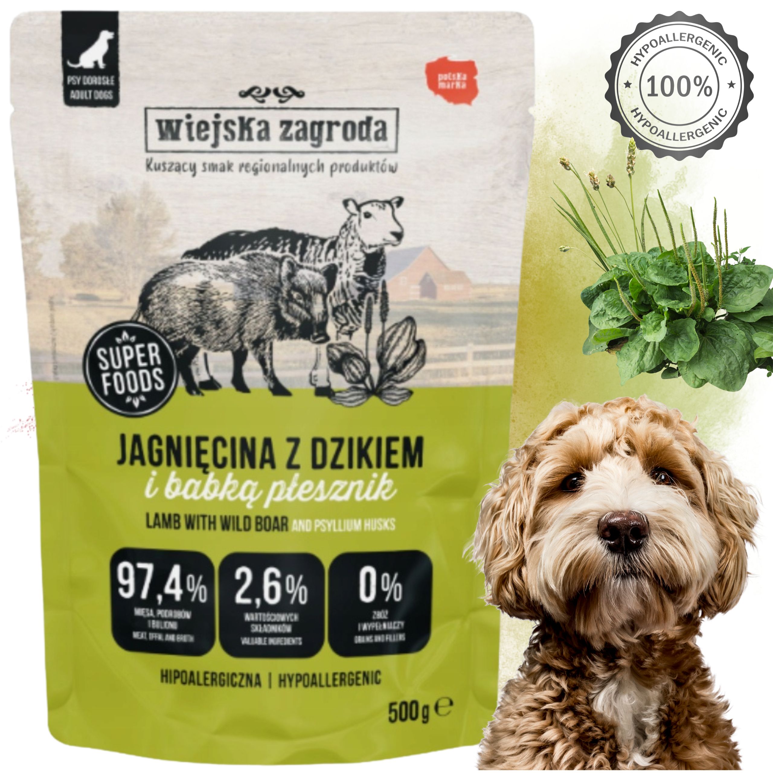 KARMA DLA PSA Wiejska Zagroda Jagnięcina z dzikiem 500 g HIPOALERGICZNA