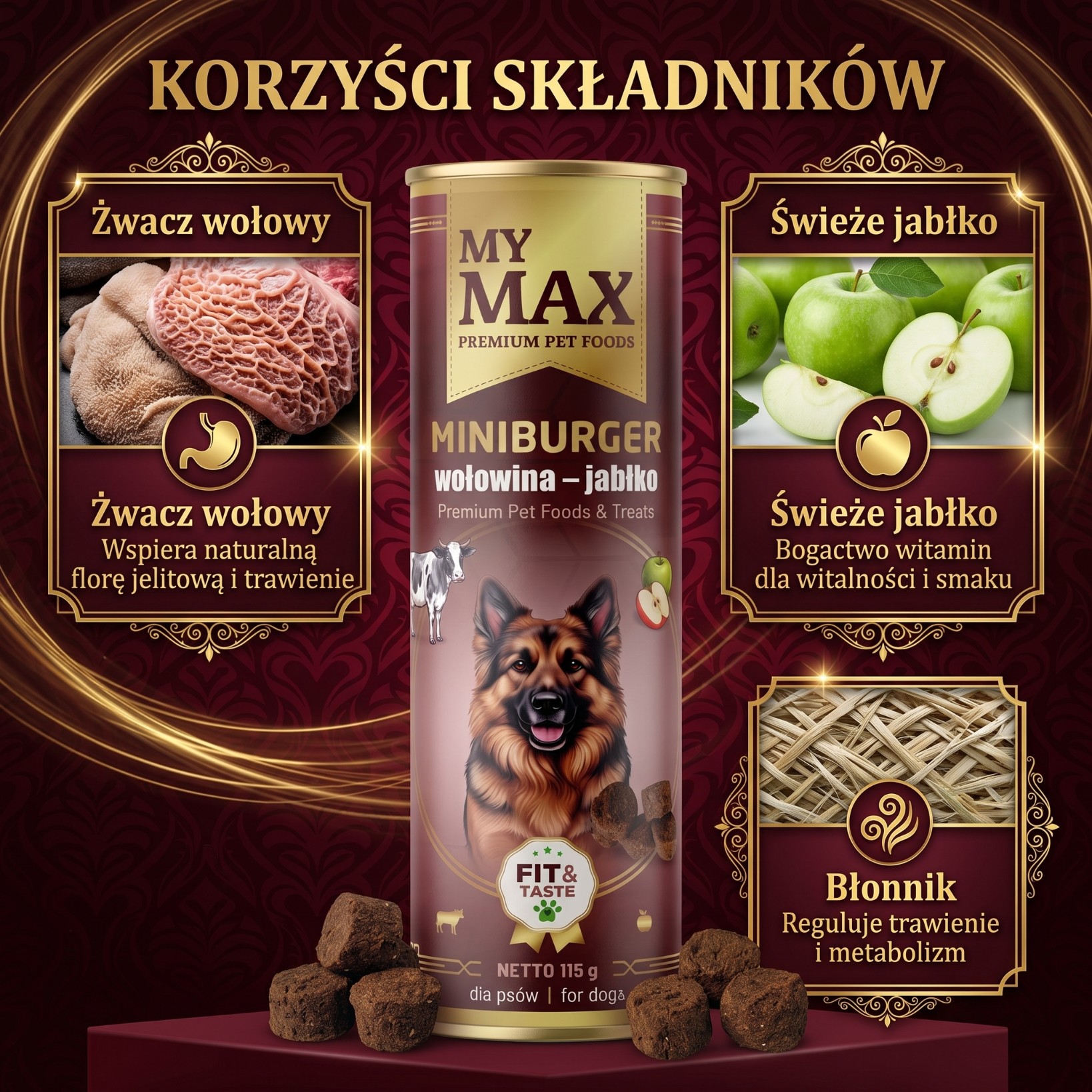 Przysmaki dla psów My Max Mini burger wołowina jabłko 115g miękkie smaczki
