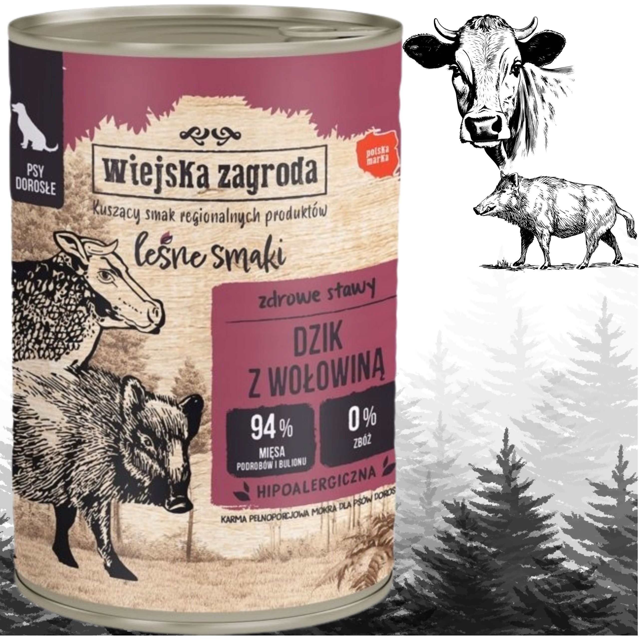 Karma dla psa Dzik z wołowiną 400g Leśne smaki Wiejska Zagroda Zdrowe stawy