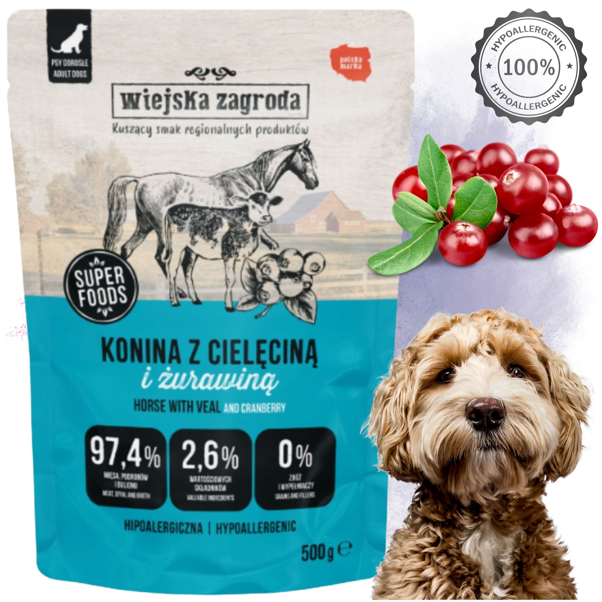 MOKRA KARMA DLA PSA Wiejska Zagroda Konina z cielęciną 500 g HIPOALERGICZNA