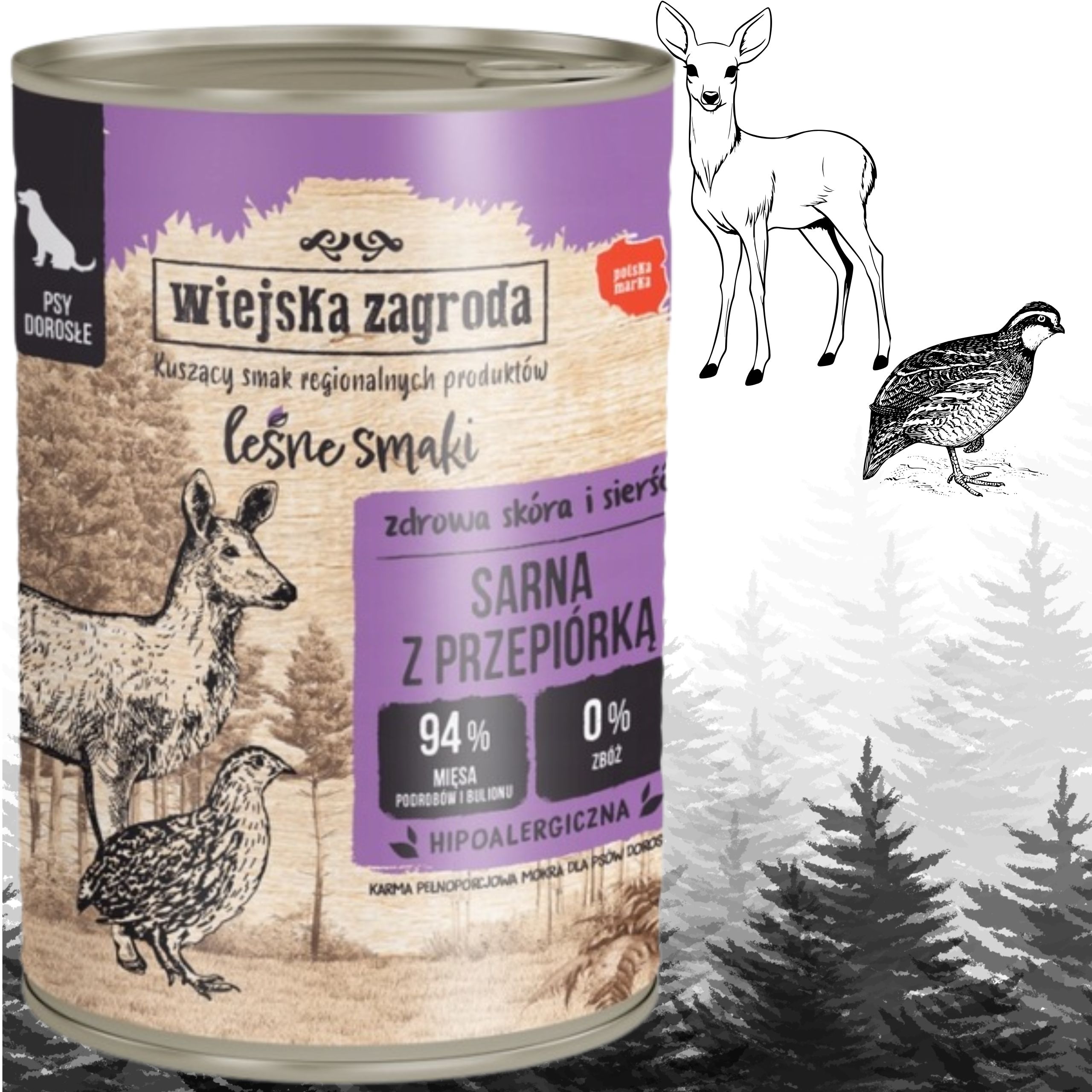 Karma dla psa Sarna przepiórka 400g Leśne smaki Wiejska Zagroda sierść psów