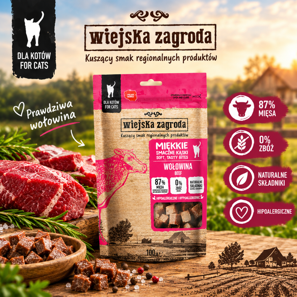 Wiejska Zagroda Przysmaki dla kota Miękkie smaczki kąski Wołowina 100g