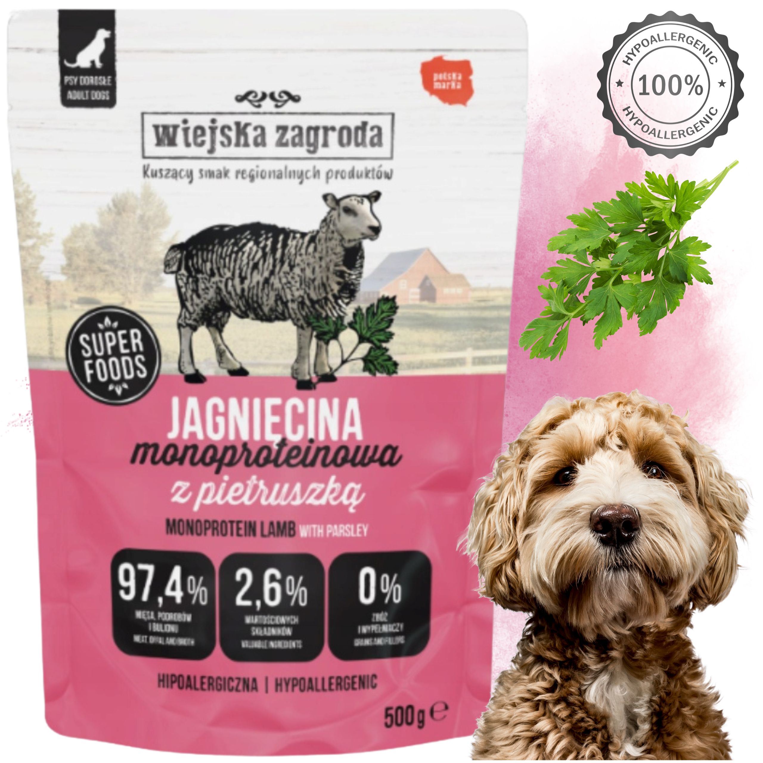 MOKRA KARMA DLA PSA Wiejska Zagroda Monobiałkowa Jagnięcina 500g NA ALERGIĘ