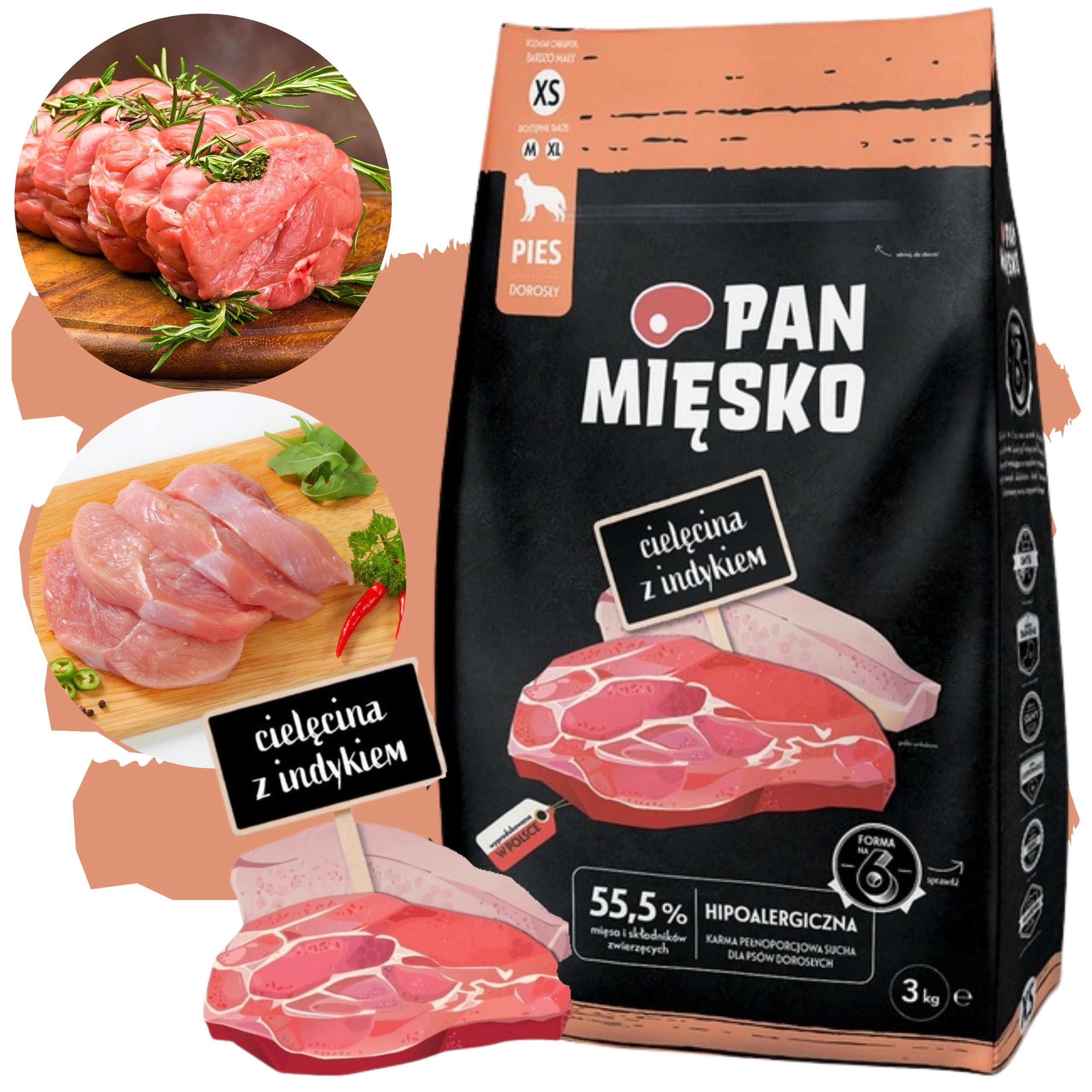 Sucha karma dla psa Cielęcina z indykiem Pan Mięsko hipoalergiczna XS 3 kg