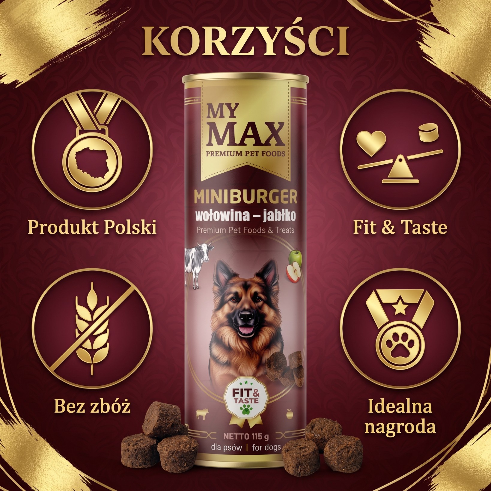 Przysmaki dla psów My Max Mini burger wołowina jabłko 115g miękkie smaczki