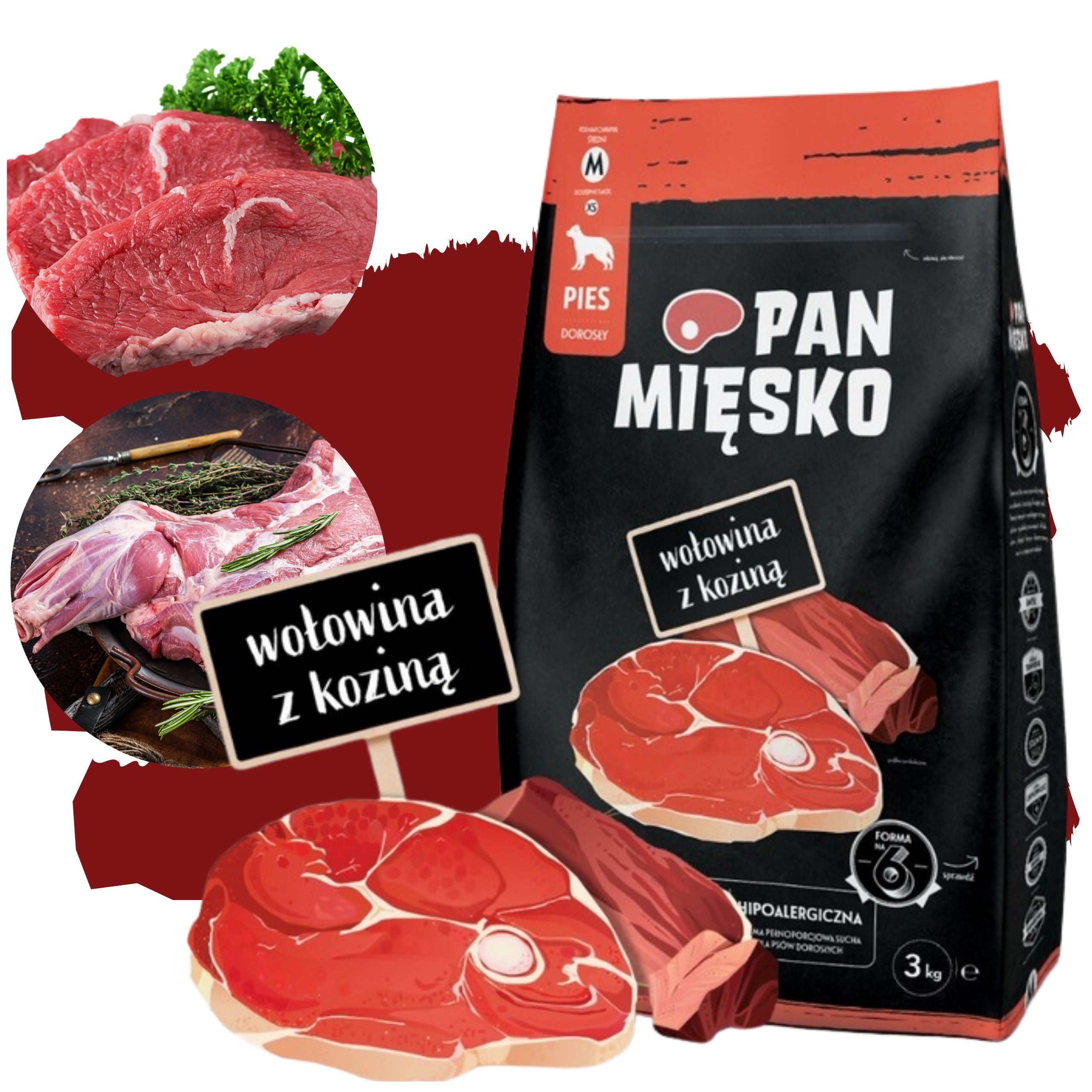 Sucha karma dla psa Wołowina z koziną Pan Mięsko hipoalergiczna M 3kg