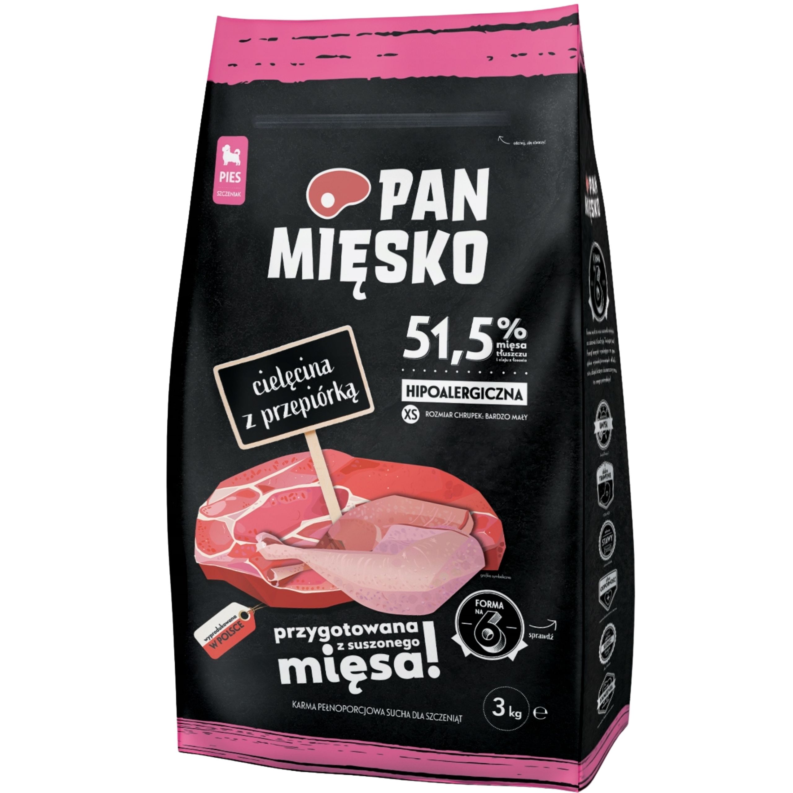 Sucha karma dla psa Cielęcina przepiórka Pan Mięsko szczenię alergia XS 3kg