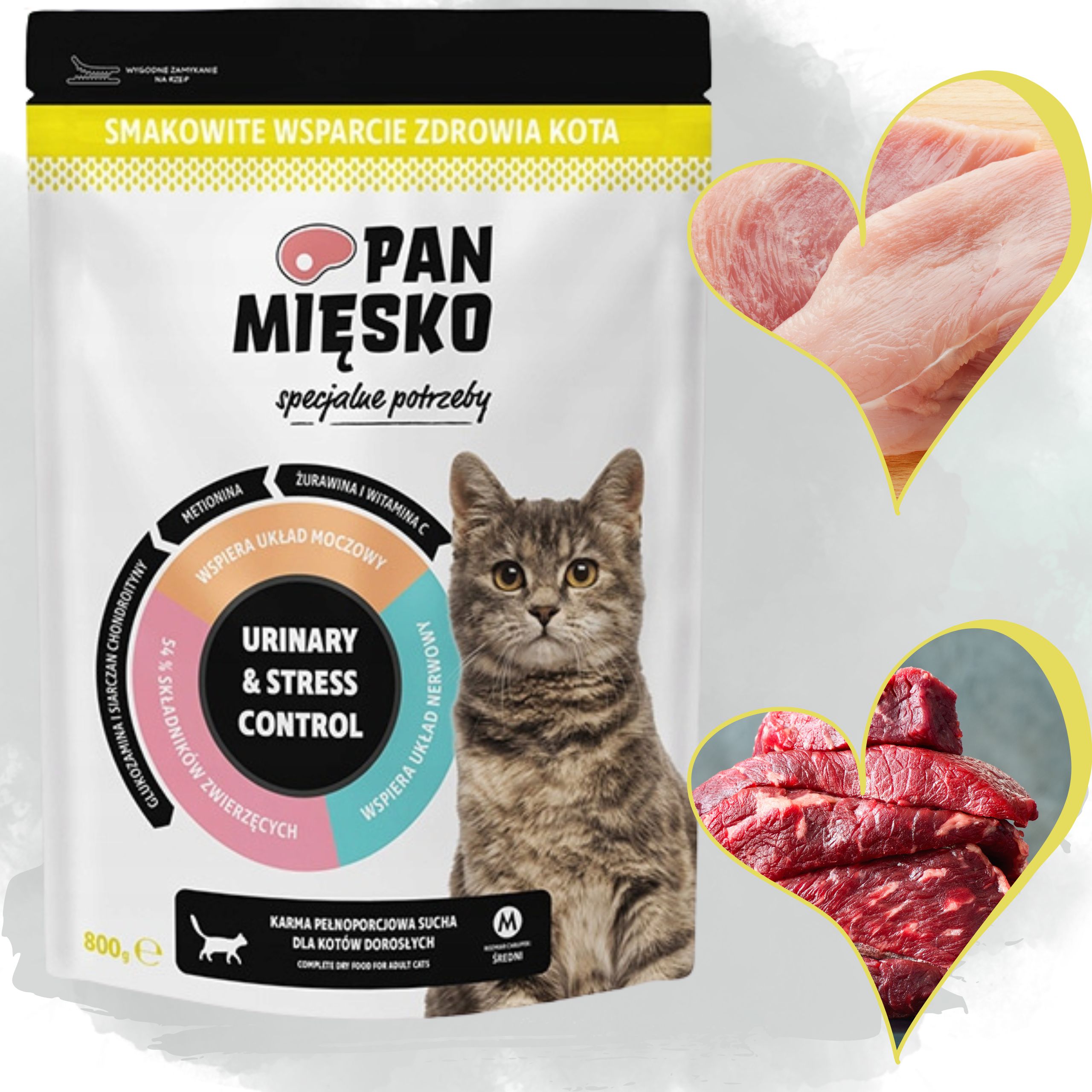 SUCHA KARMA DLA KOTA Pan Mięsko Urinary &amp; Stres Control INDYK WOŁOWINA 800g