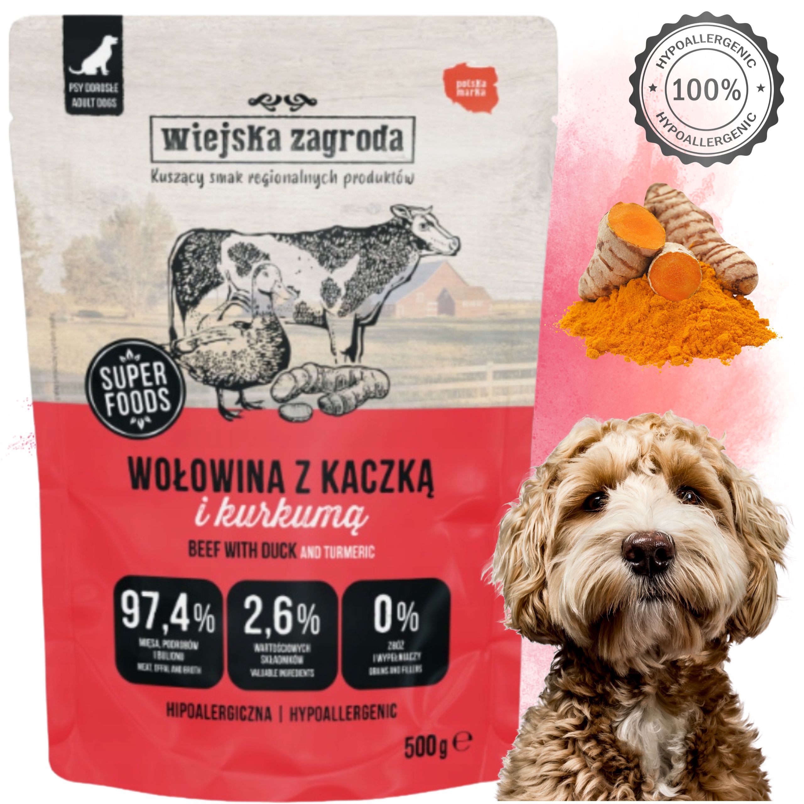 MOKRA KARMA DLA PSA Wiejska Zagroda Wołowina z kaczką 500 g HIPOALERGICZNA