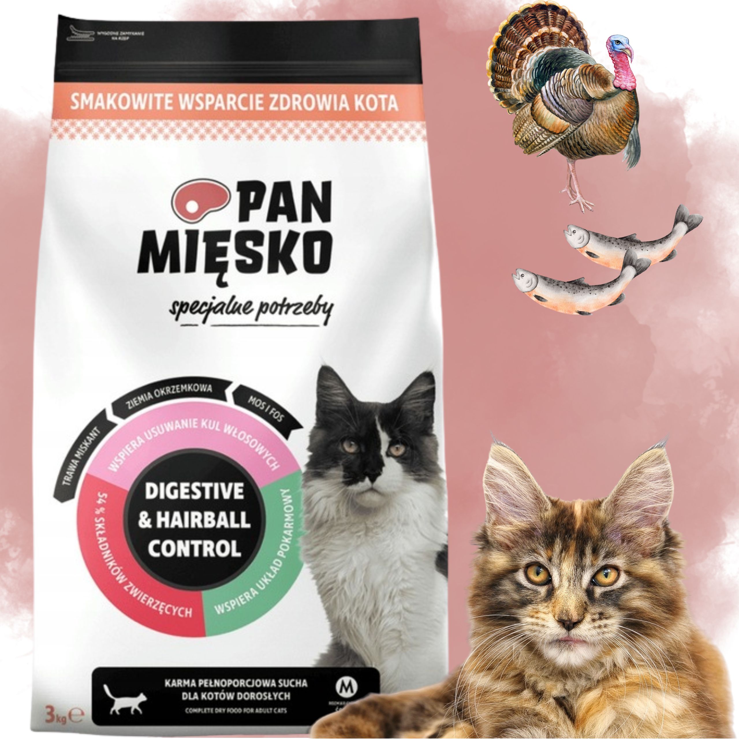 SUCHA KARMA DLA KOTA Pan Miesko Digestive &amp; Hairball Control 3 kg ODKŁACZA
