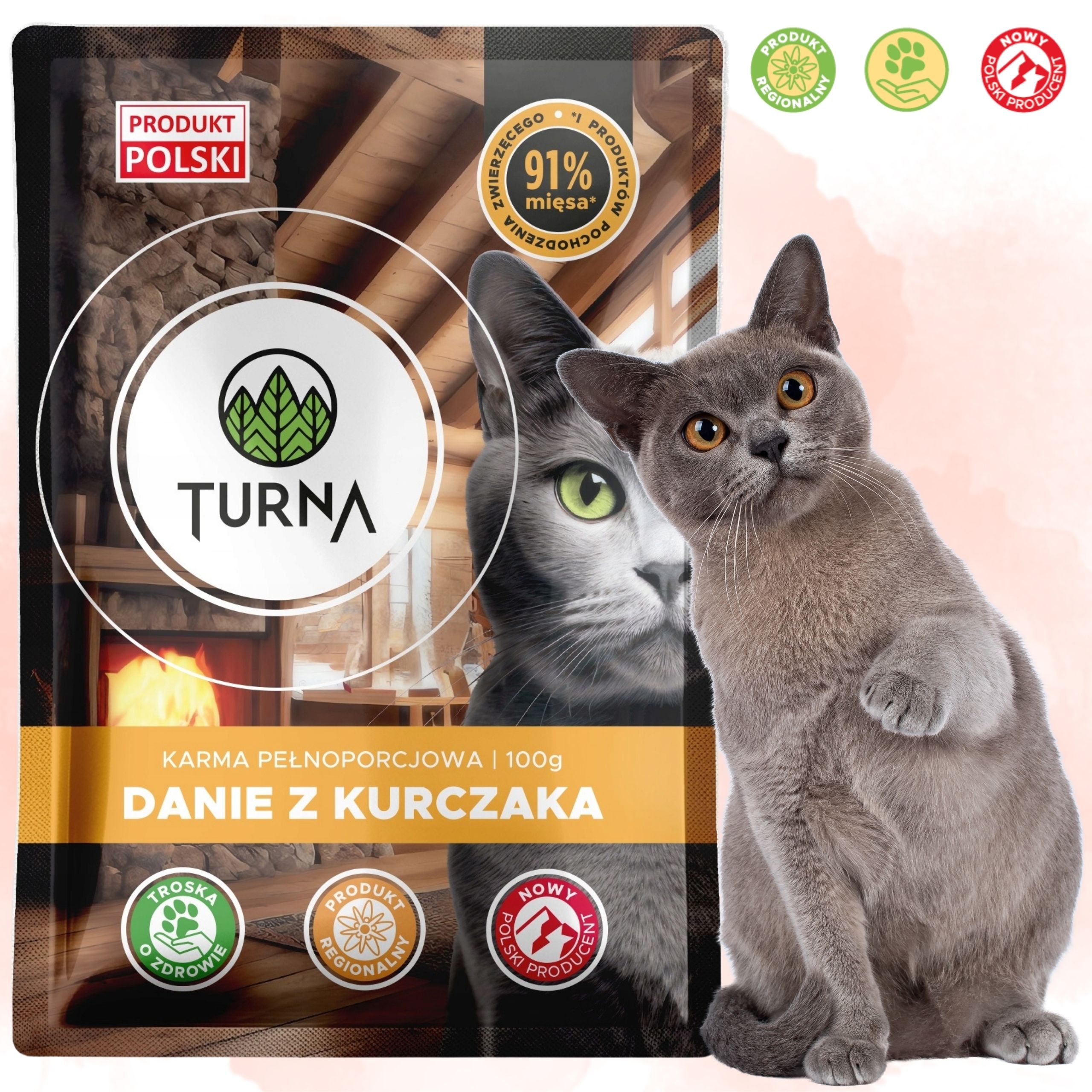 Karma mokra dla kota TURNA Cats danie z kurczaka 100g bez zbóż 91% mięsa