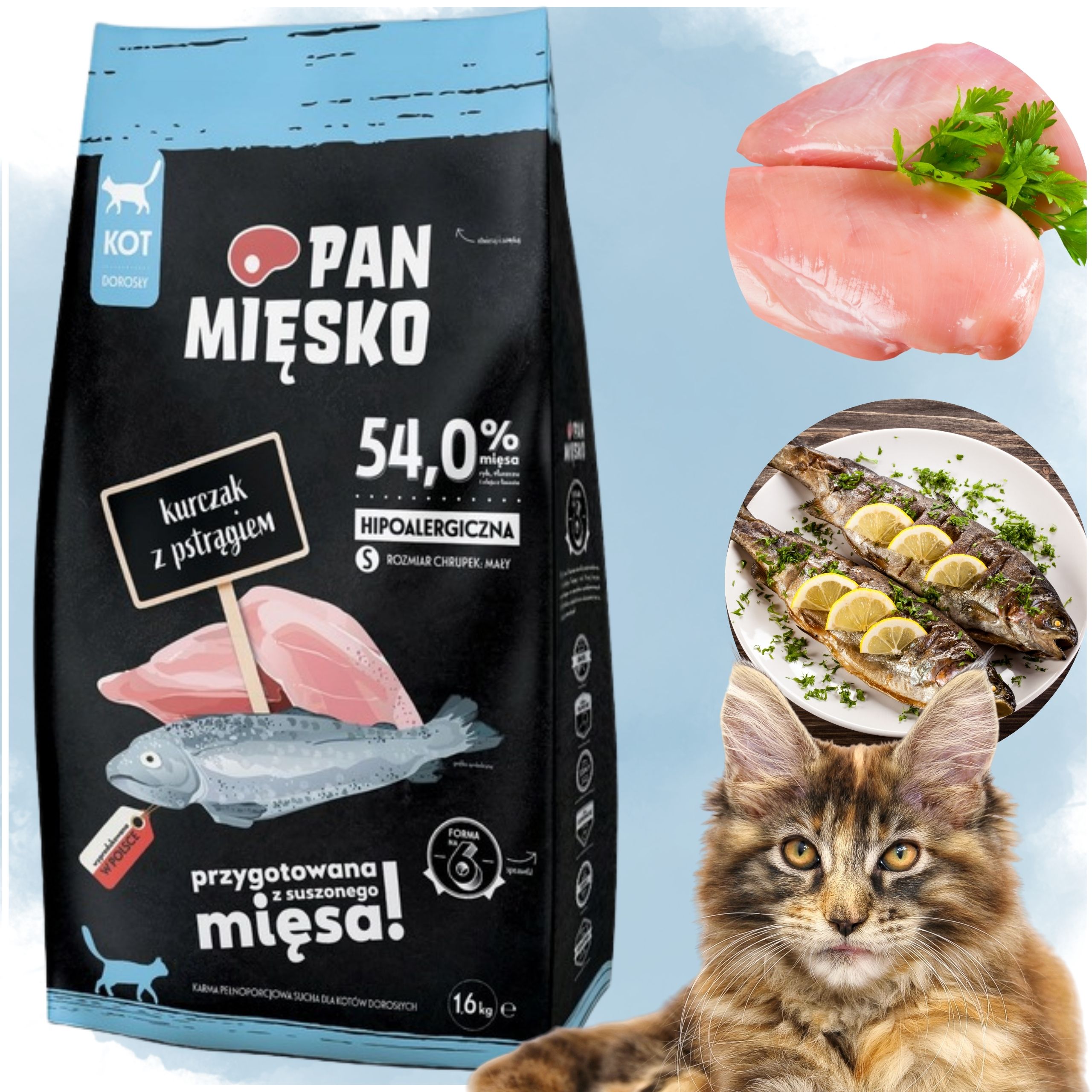 Sucha karma dla kota Kurczak z pstrągiem Pan Mięsko hipoalergieczna S 1.6kg
