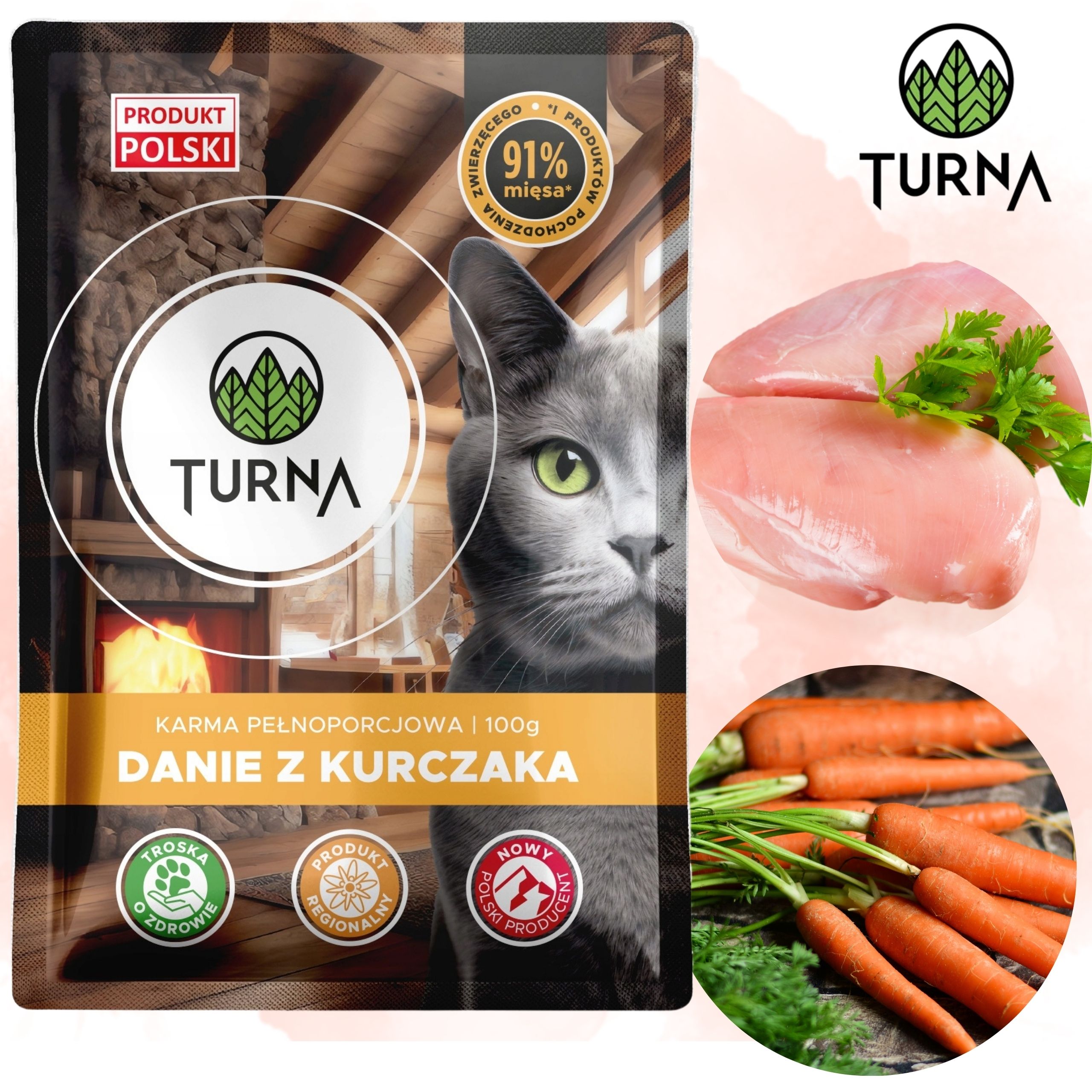 Karma mokra dla kota TURNA Cats danie z kurczaka 100g bez zbóż 91% mięsa
