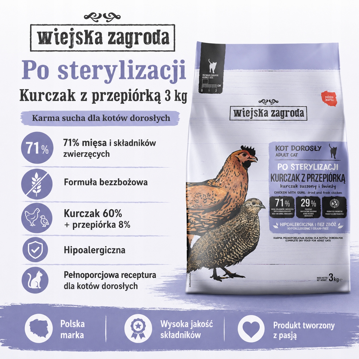 Sucha karma dla kota Kurczak z przepiórką Sterilized Wiejska Zagroda 3 kg