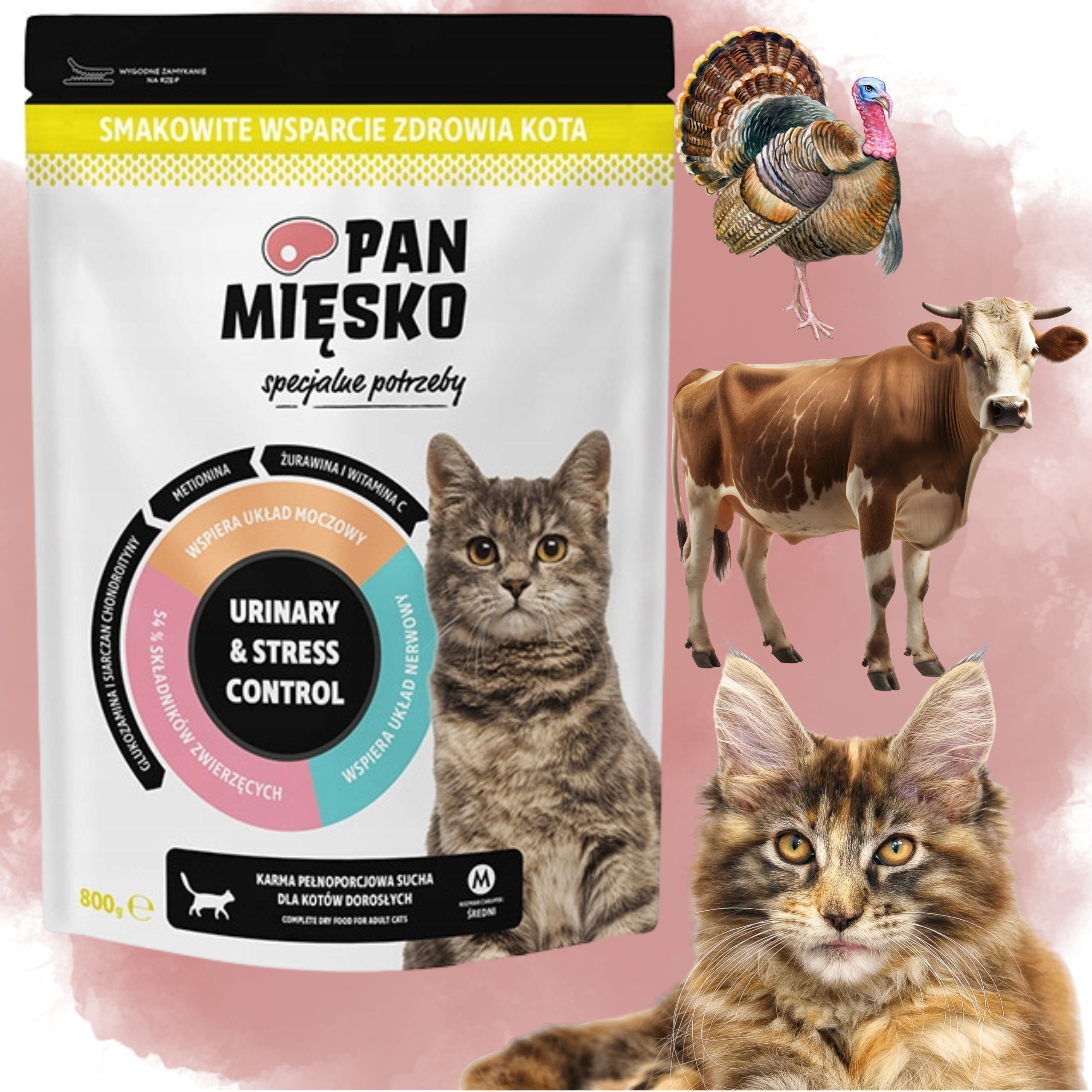 SUCHA KARMA DLA KOTA Pan Mięsko Urinary &amp; Stres Control INDYK WOŁOWINA 800g