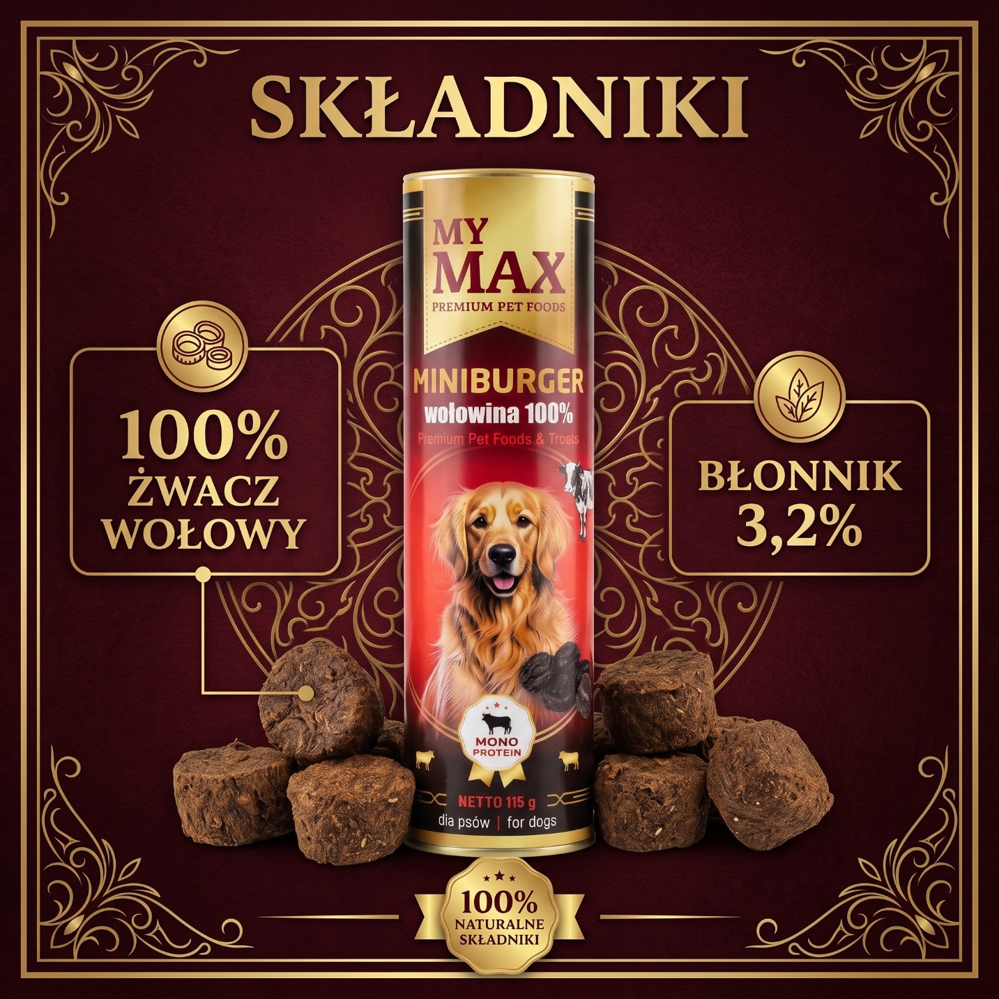 Przysmaki dla psów My Max Mini burger wołowina100% 115g miękkie smaczki