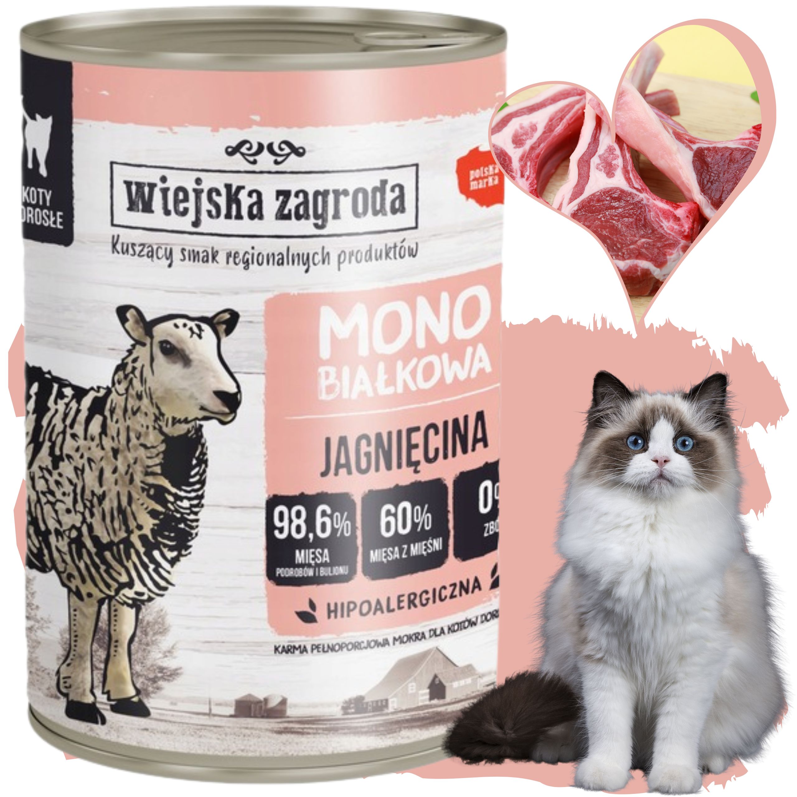 Karma mokra dla kota Monobiałkowa Jagnięcina 400g Wiejska Zagroda alergie