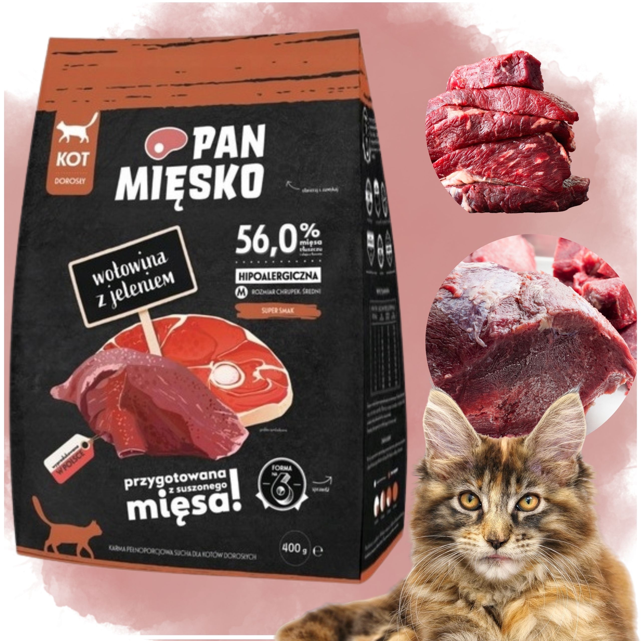 Sucha karma dla kota Wołowina z jeleniem Pan Mięsko hipoalergiczna M 400g