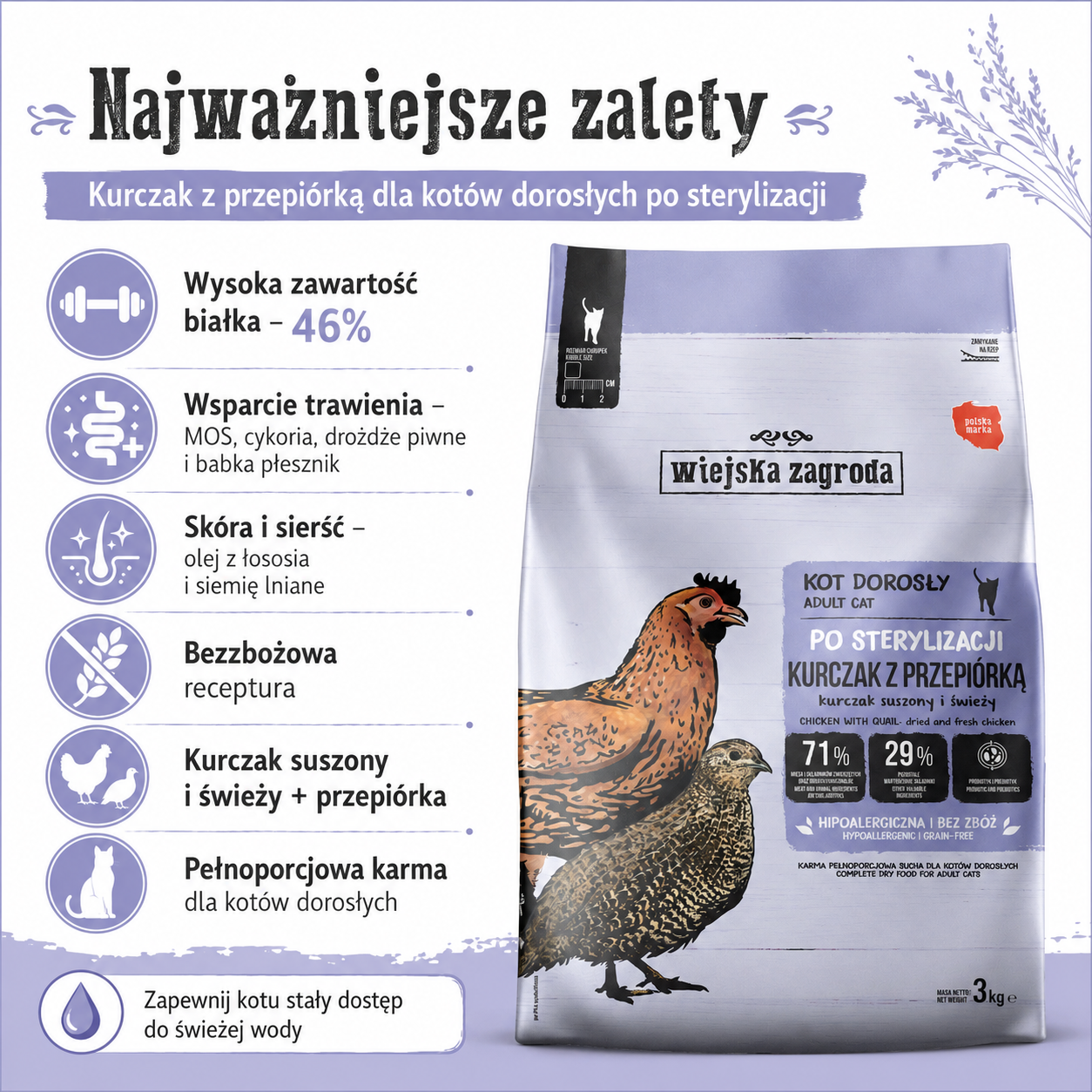 Sucha karma dla kota Kurczak z przepiórką Sterilized Wiejska Zagroda 3 kg