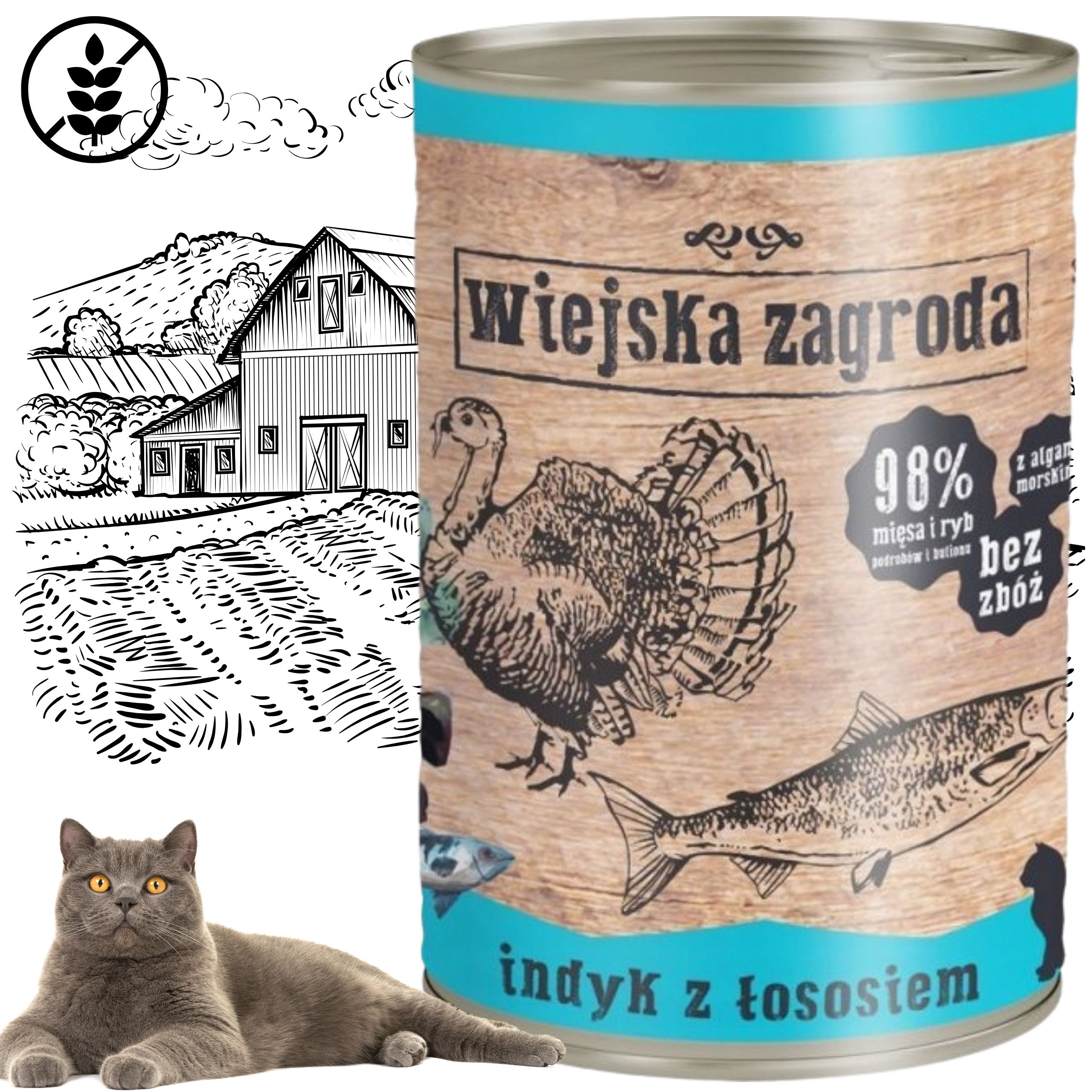Karma mokra dla kota  Indyk łosoś 400g Wiejska Zagroda bez zbóż i cukru