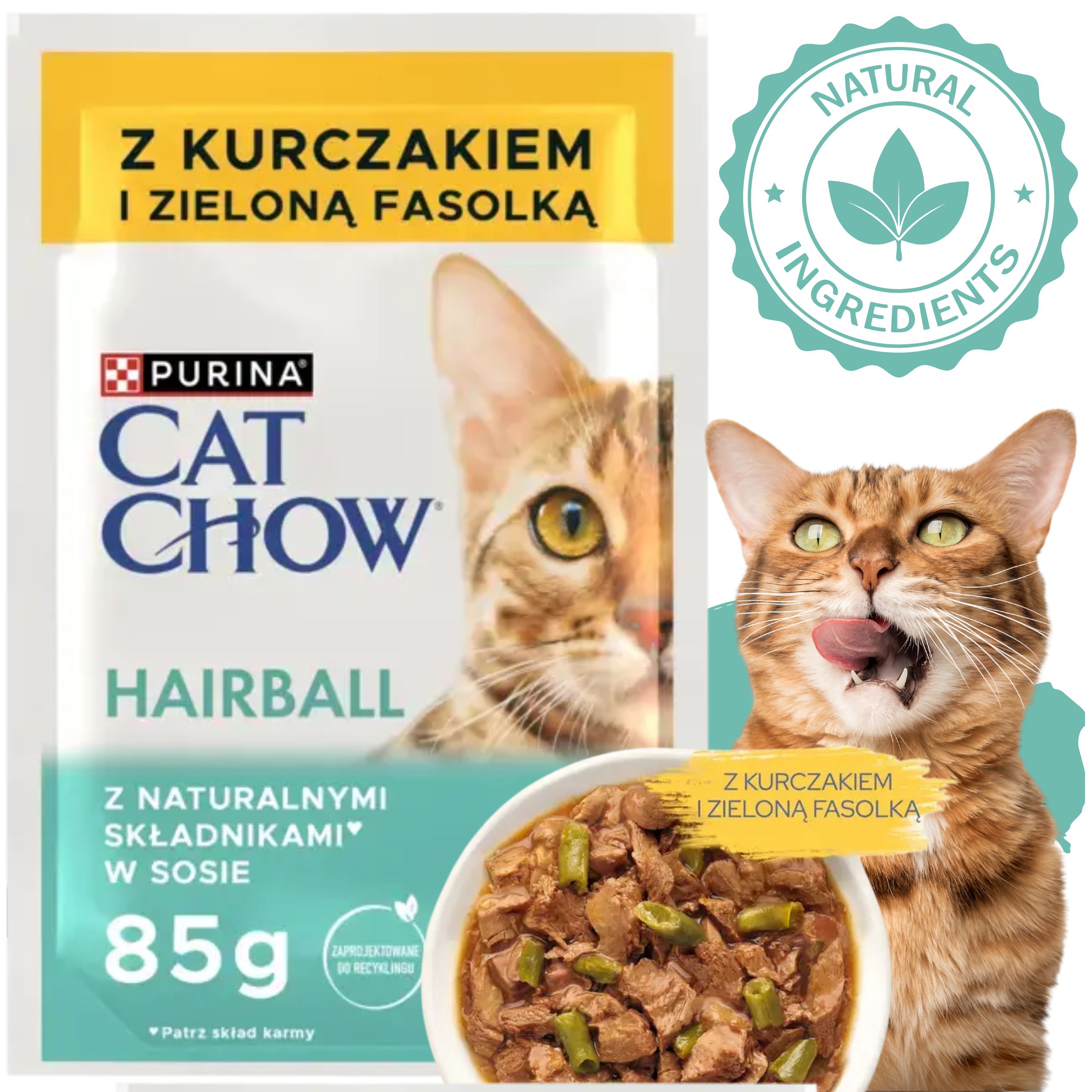 KARMA MOKRA DLA KOTA PURINA CAT CHOW HAIRBALL KURCZAK Z ZIELONĄ FASOLKĄ 85g