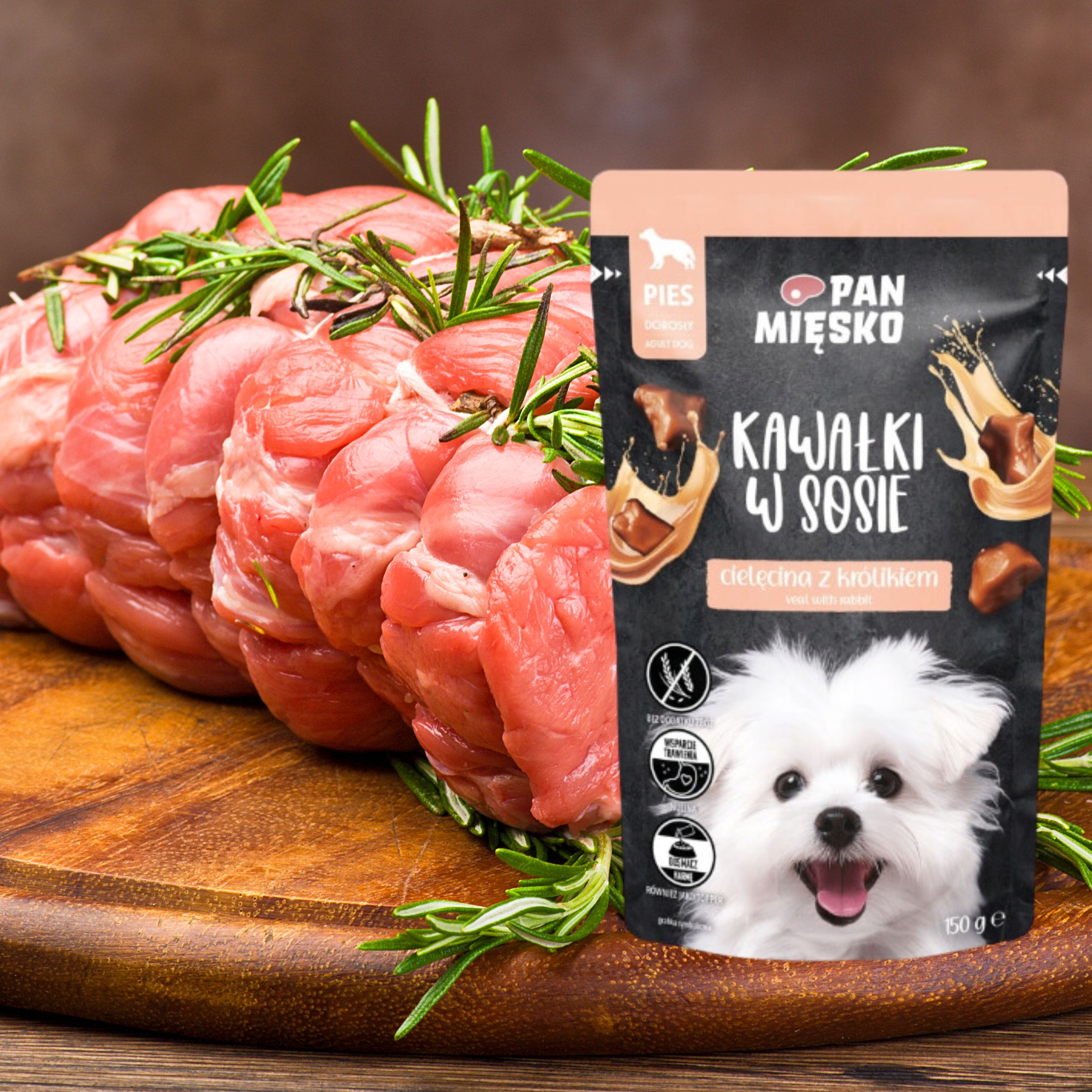 Mokra karma dla psa Kawałki mięsa Cielęcina królik Pan Mięsko 150g bez zbóż