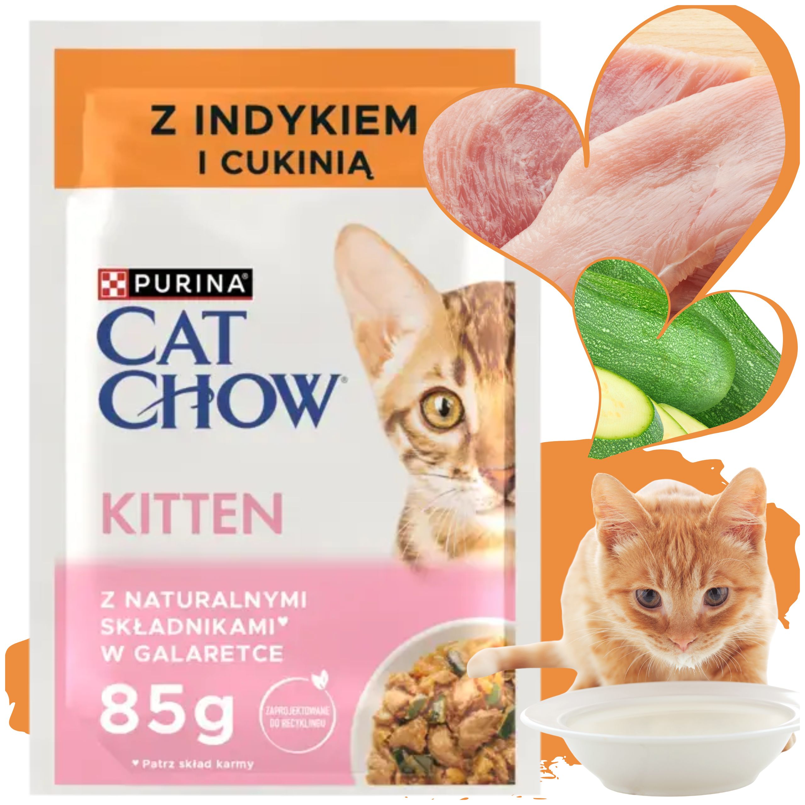 KARMA MOKRA DLA KOCIĄT PURINA CAT CHOW KITTEN INDYK Z CUKINIĄ NATURALNA 85g