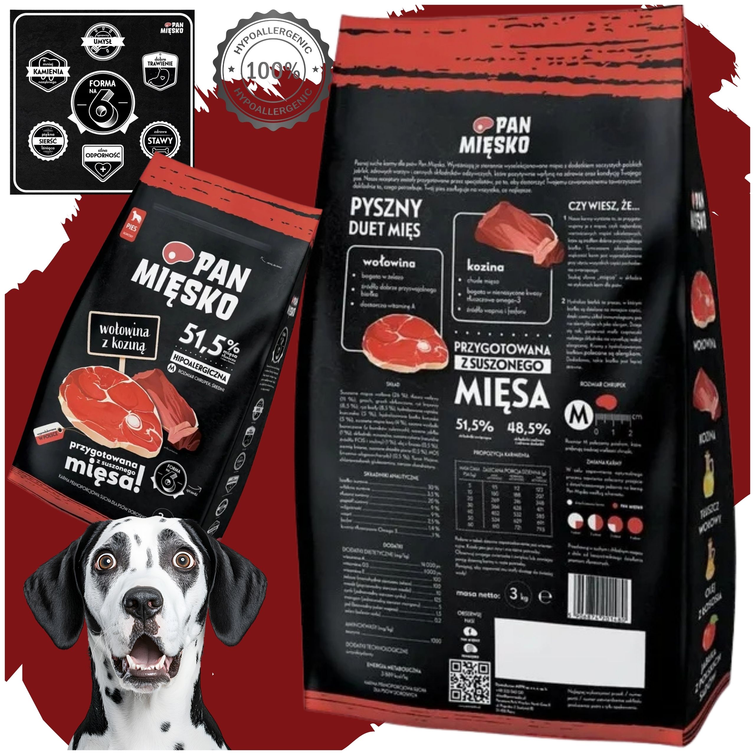 Sucha karma dla psa Wołowina z koziną Pan Mięsko hipoalergiczna M 3kg