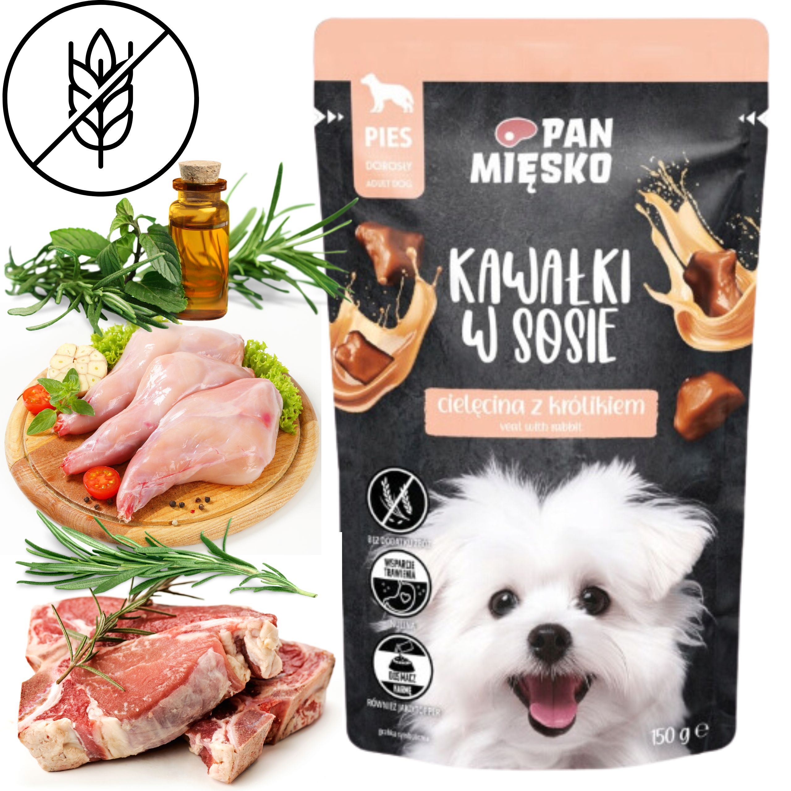 Mokra karma dla psa Kawałki mięsa Cielęcina królik Pan Mięsko 150g bez zbóż