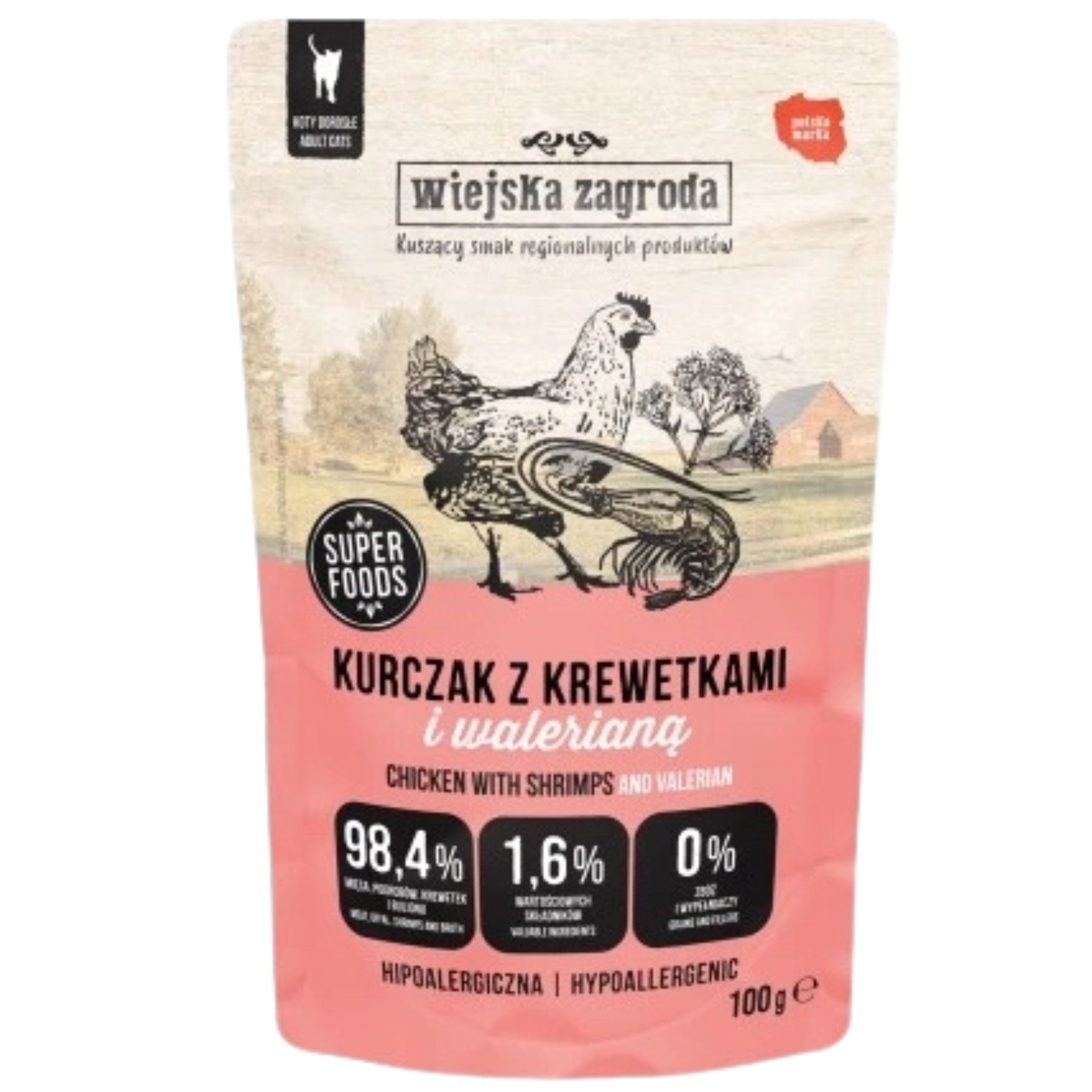 Karma mokra dla kota Kurczak z krewetkami i waleriana 100g Wiejska Zagroda