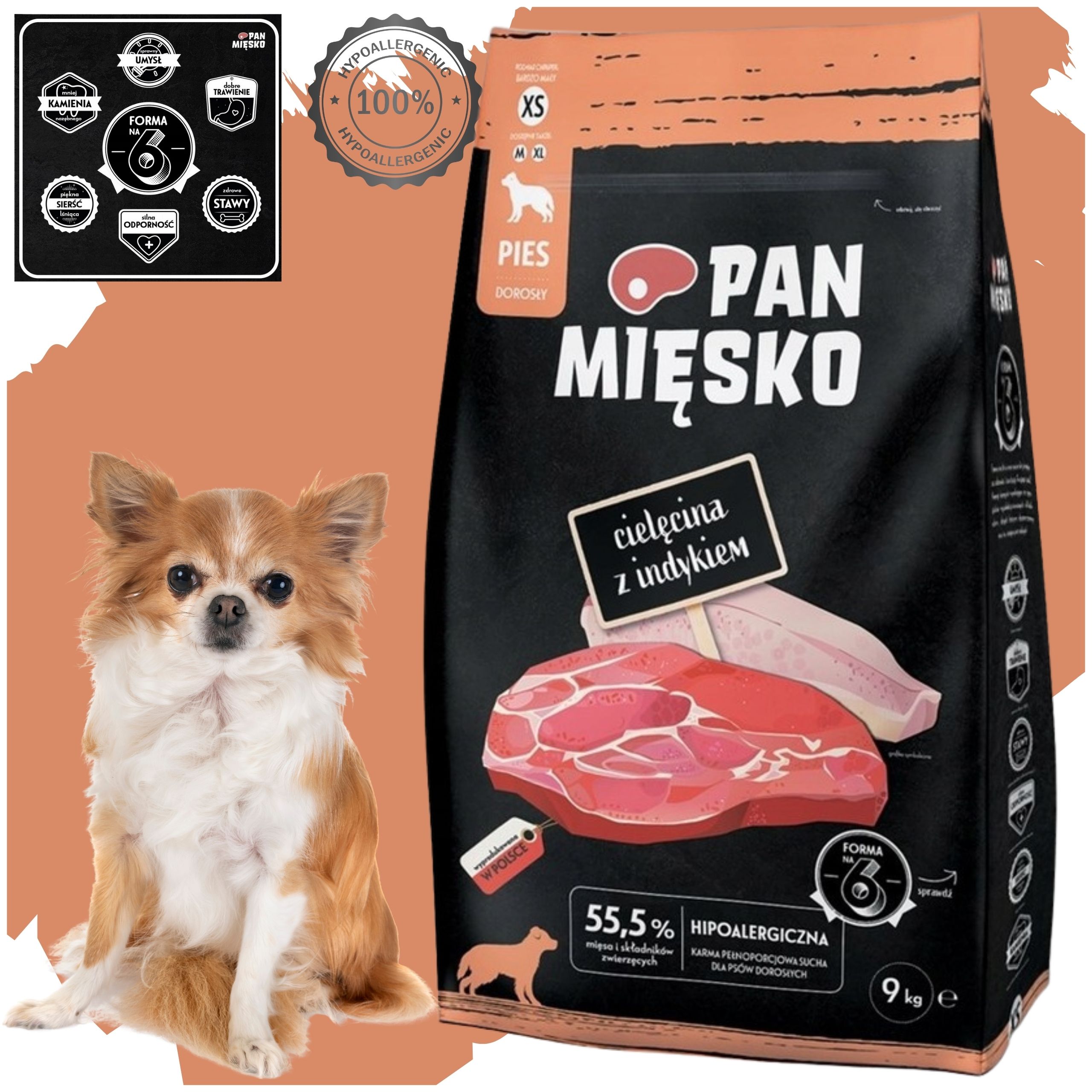 Sucha karma dla psa Cielęcina z indykiem Pan Mięsko hipoalergiczna XS 9 kg