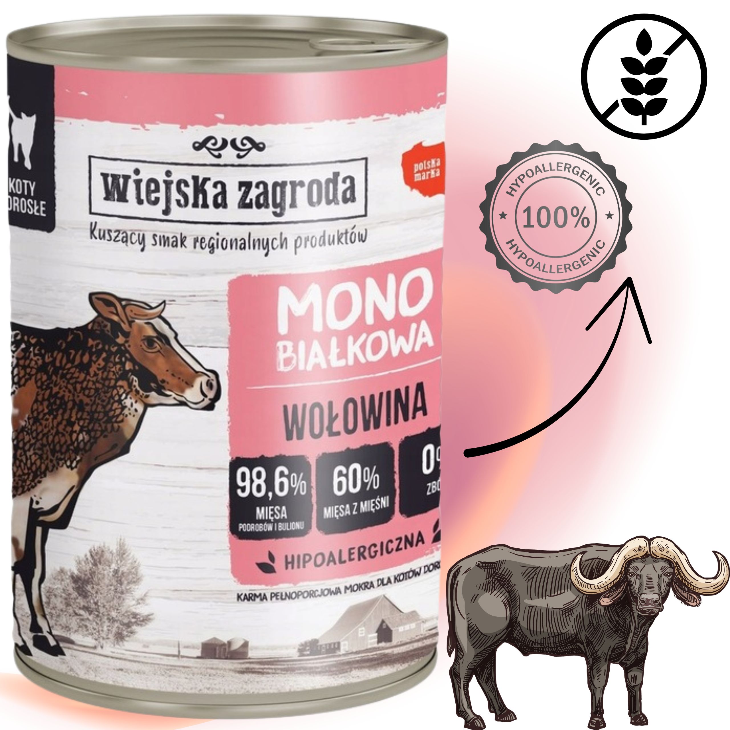 Karma mokra dla kota Monobiałkowa Wołowina 400g Wiejska Zagroda na alergię