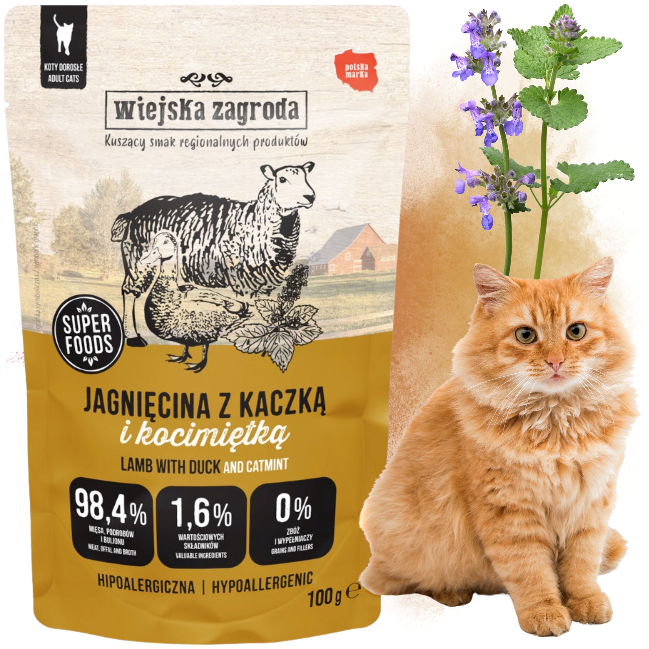 Karma mokra dla kota Jagnięcina z kaczką i kocimiętką 100g Wiejska Zagroda
