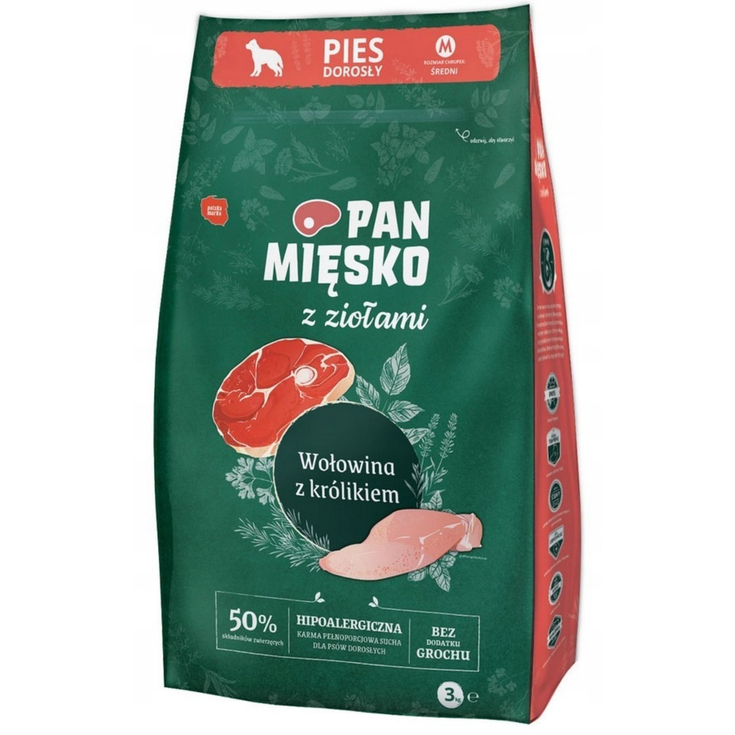 Sucha karma dla psa Wołowina królik Zioła Pan Mięsko hipoalergiczna M 3kg