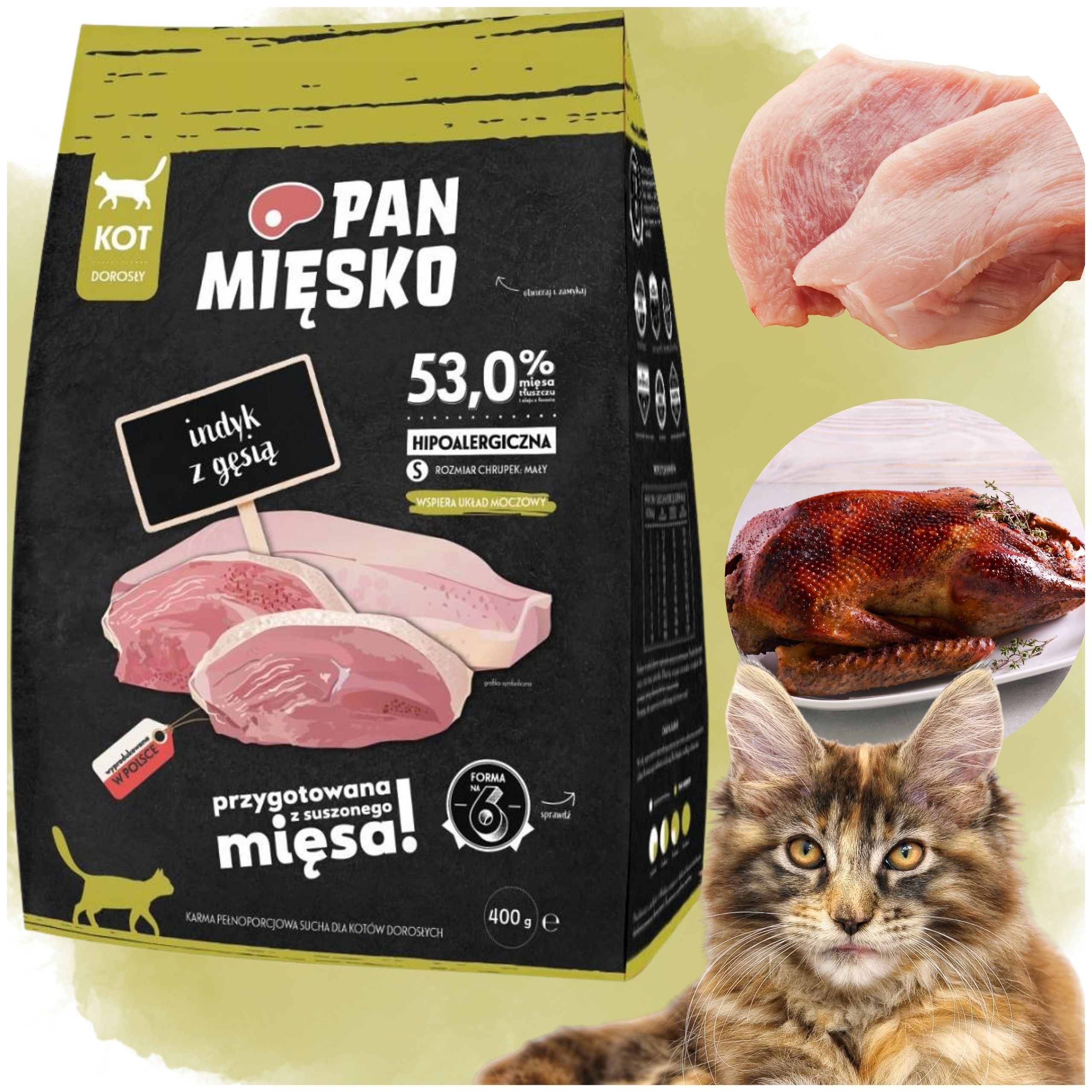 Sucha karma dla kota Indyk z gęsią Pan Mięsko hipoalergiczna chrupki S 400g