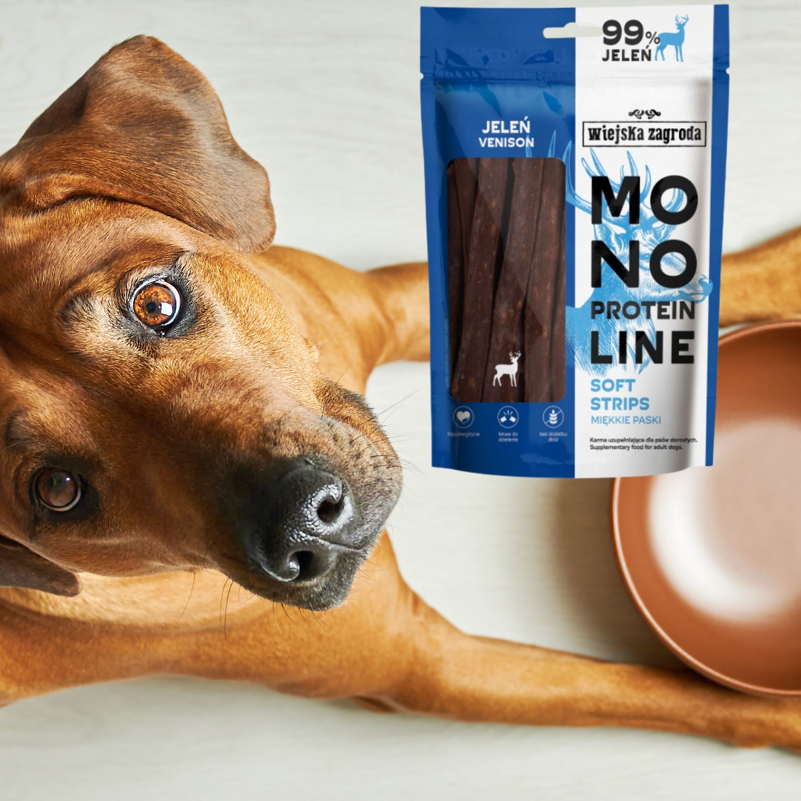 Przysmaki dla psa Jeleń Monoproteinowe miękkie paski Wiejska Zagroda 100g