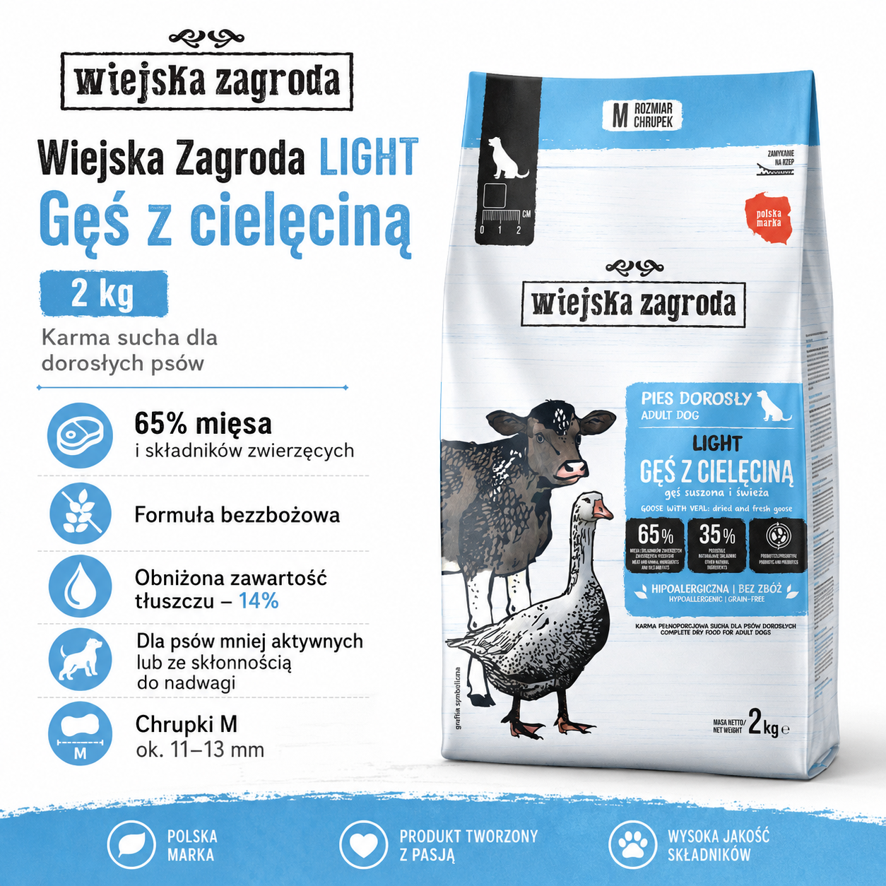 Sucha karma dla psa Light Gęś z cielęciną probiotyk Wiejska Zagroda 2 kg