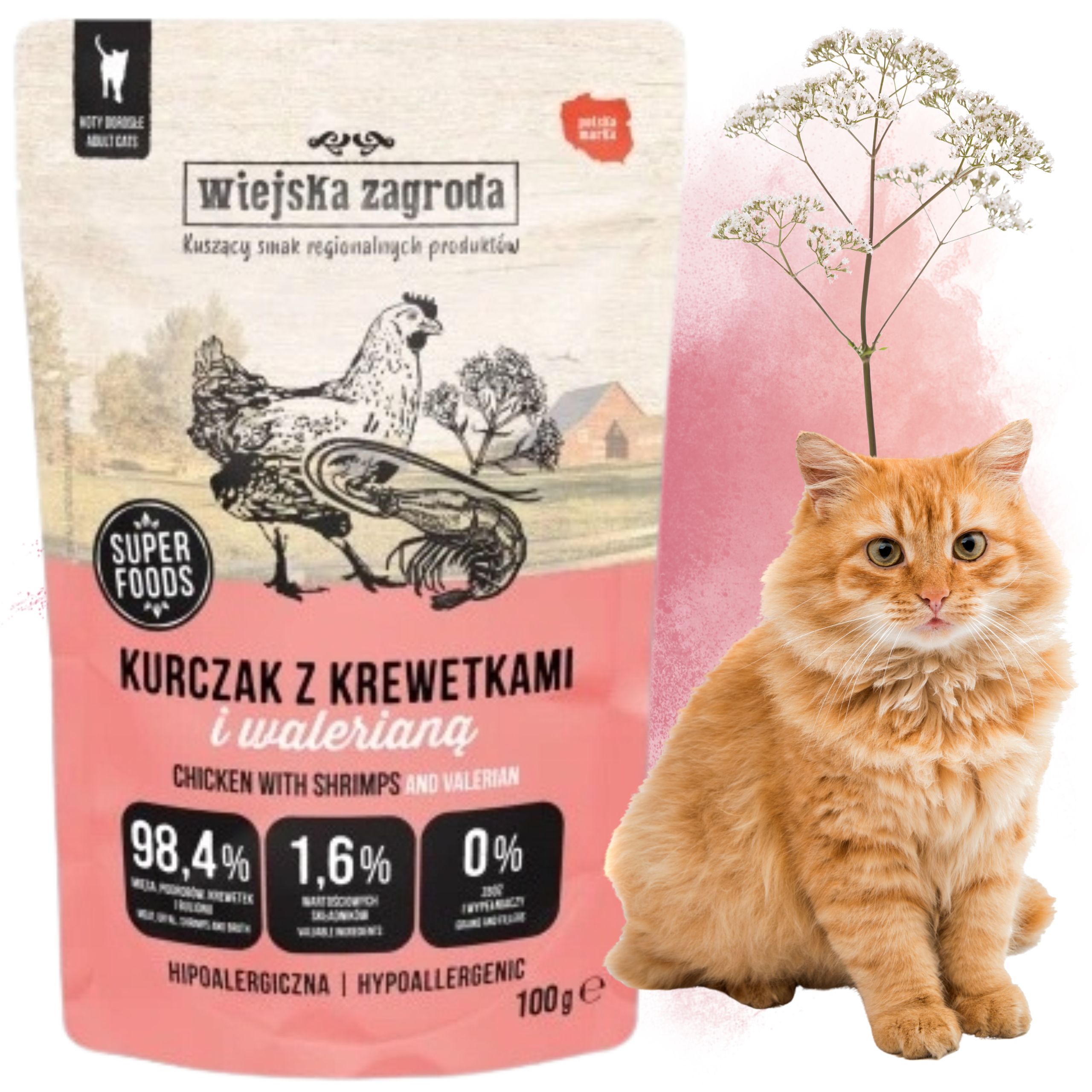Karma mokra dla kota Kurczak z krewetkami i waleriana 100g Wiejska Zagroda