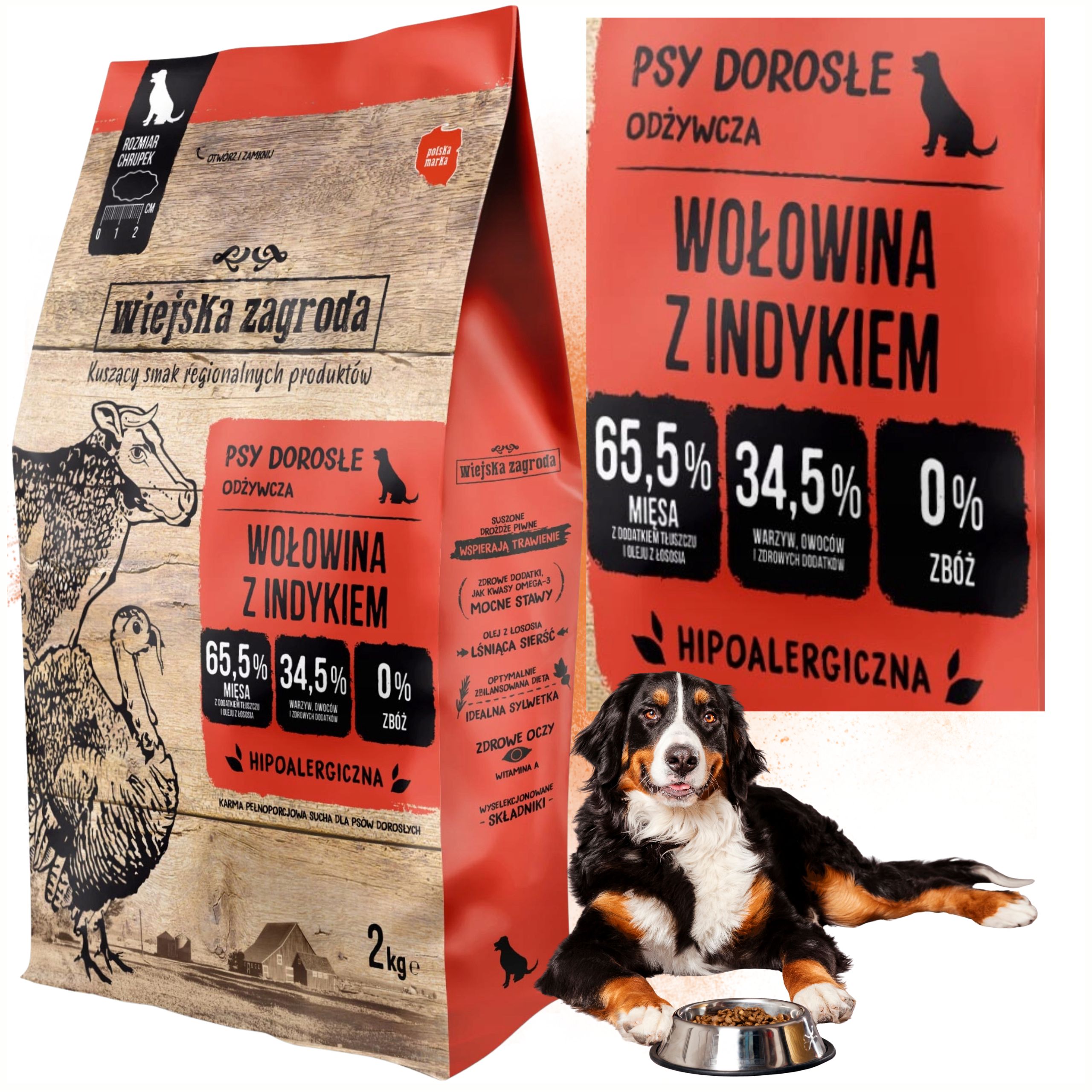 SUCHA KARMA DLA PSA Wiejska Zagroda Wołowina indyk HIPOALERGICZNA L 2KG