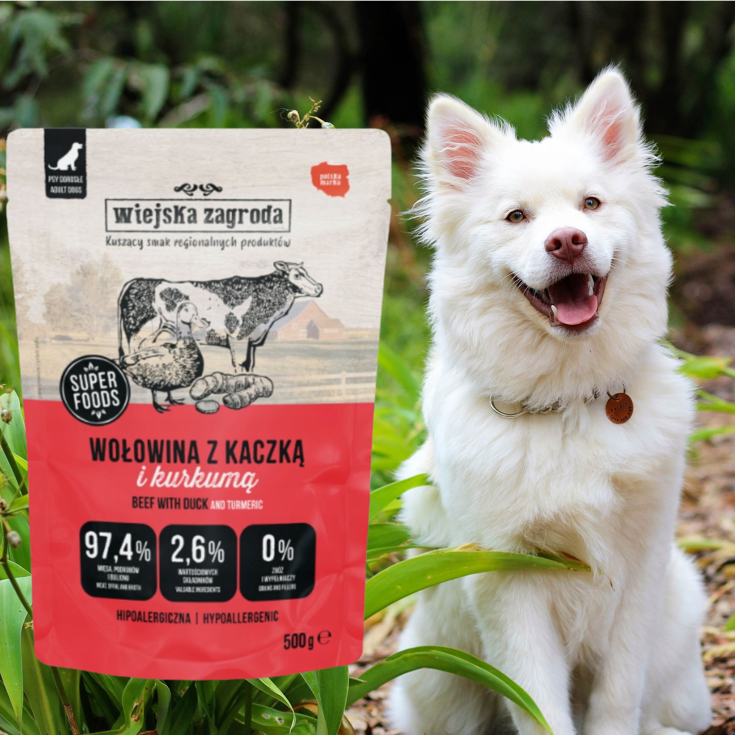 MOKRA KARMA DLA PSA Wiejska Zagroda Wołowina z kaczką 500 g HIPOALERGICZNA