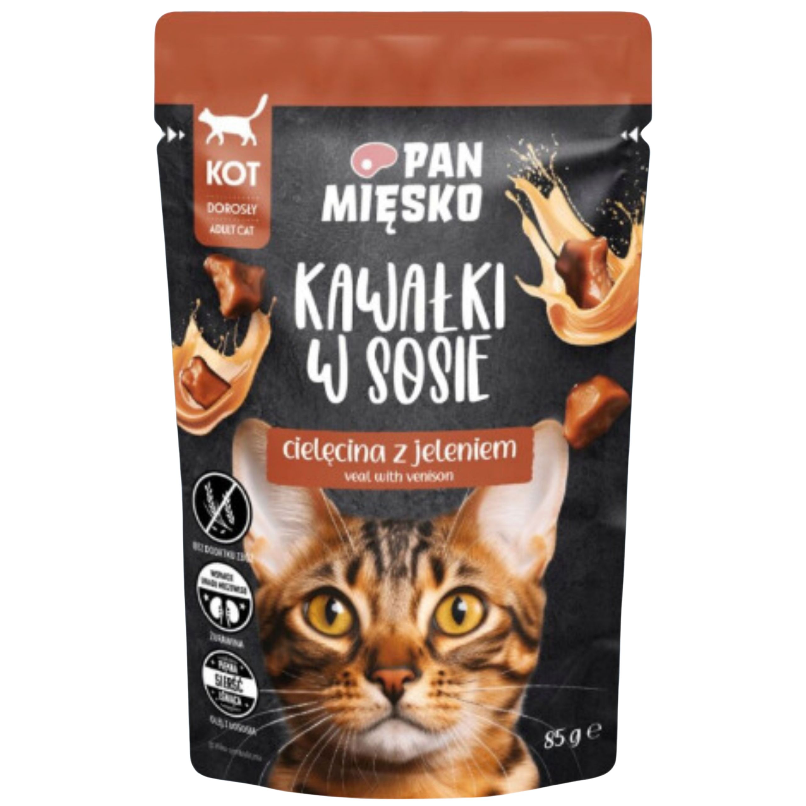 Karma mokra dla kota Kawałki mięsa Cielęcina Jeleń Pan Mięsko 85g bez zbóż