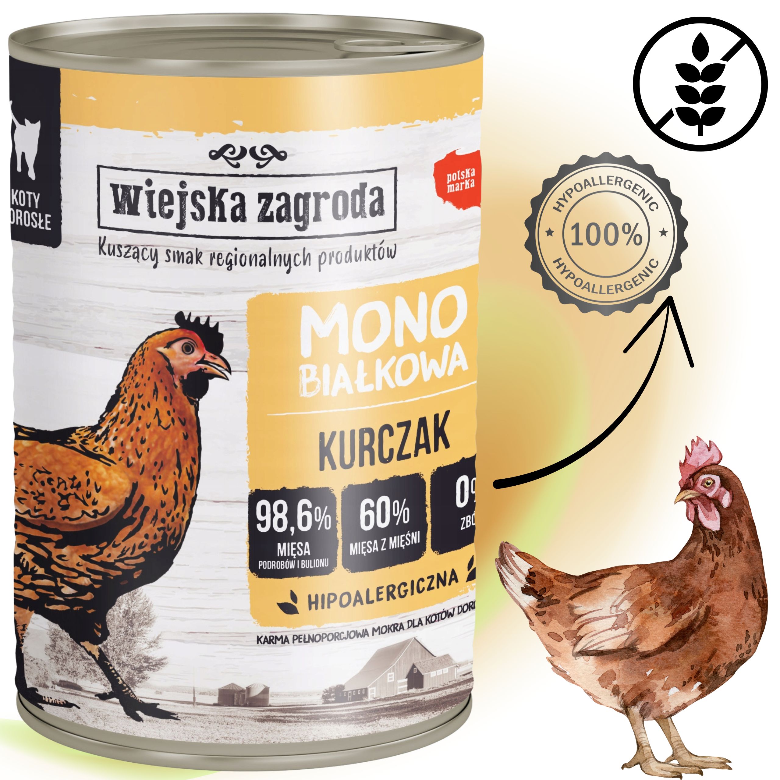 Karma mokra dla kota Monobiałkowa Kurczak 400g Wiejska Zagroda na alergię