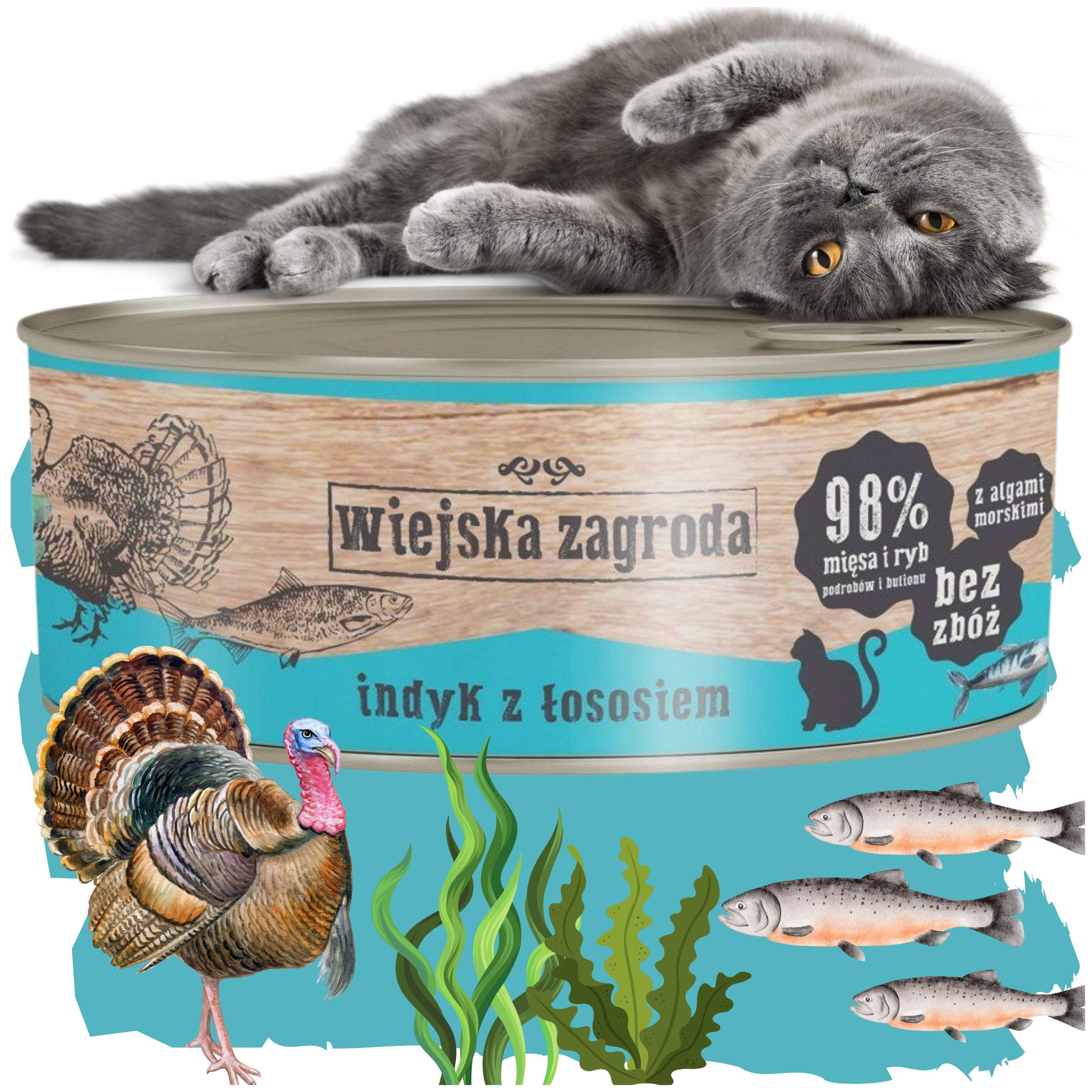 Karma mokra dla kota  Indyk z łososiem 85g Wiejska Zagroda bez zbóż i cukru