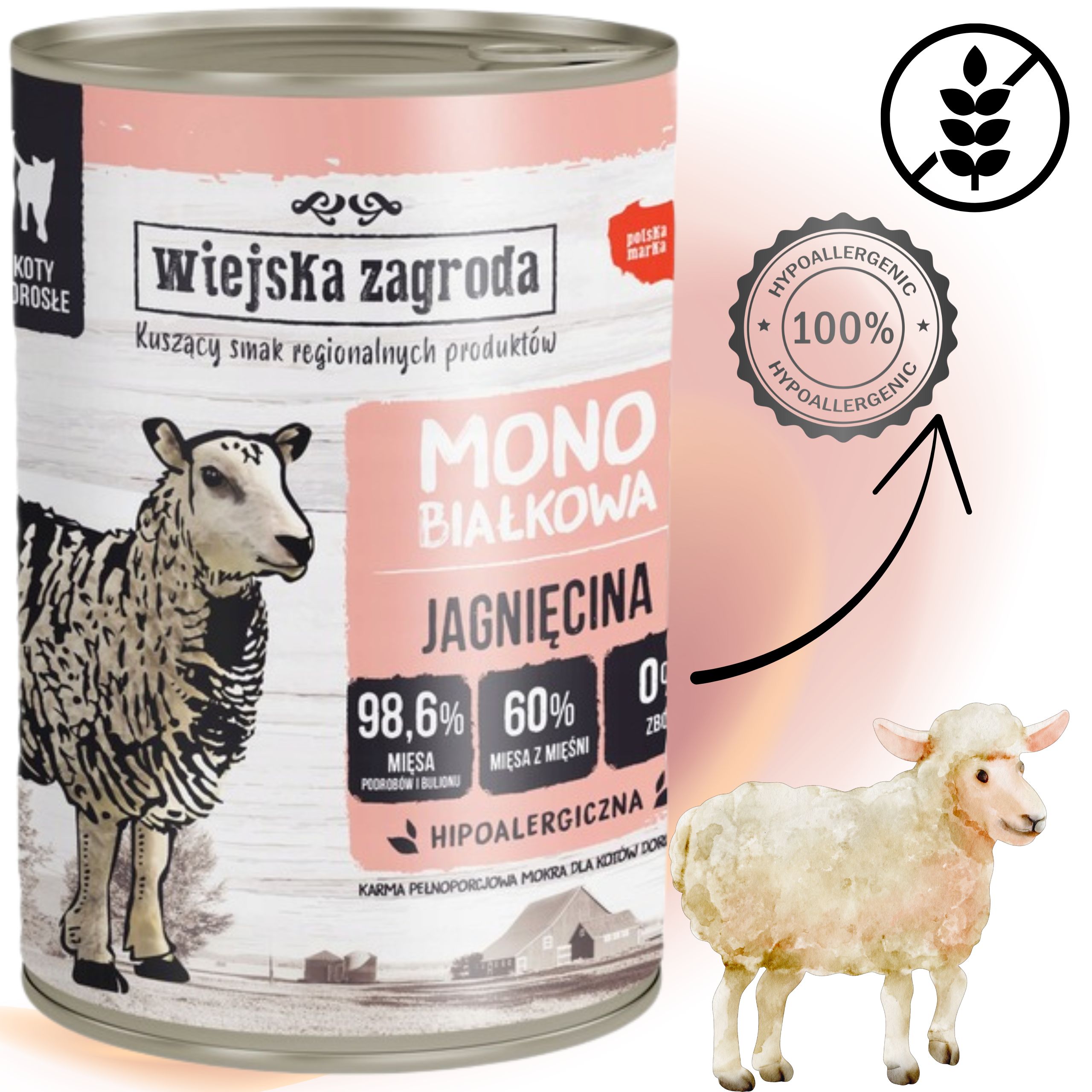 Karma mokra dla kota Monobiałkowa Jagnięcina 400g Wiejska Zagroda alergie
