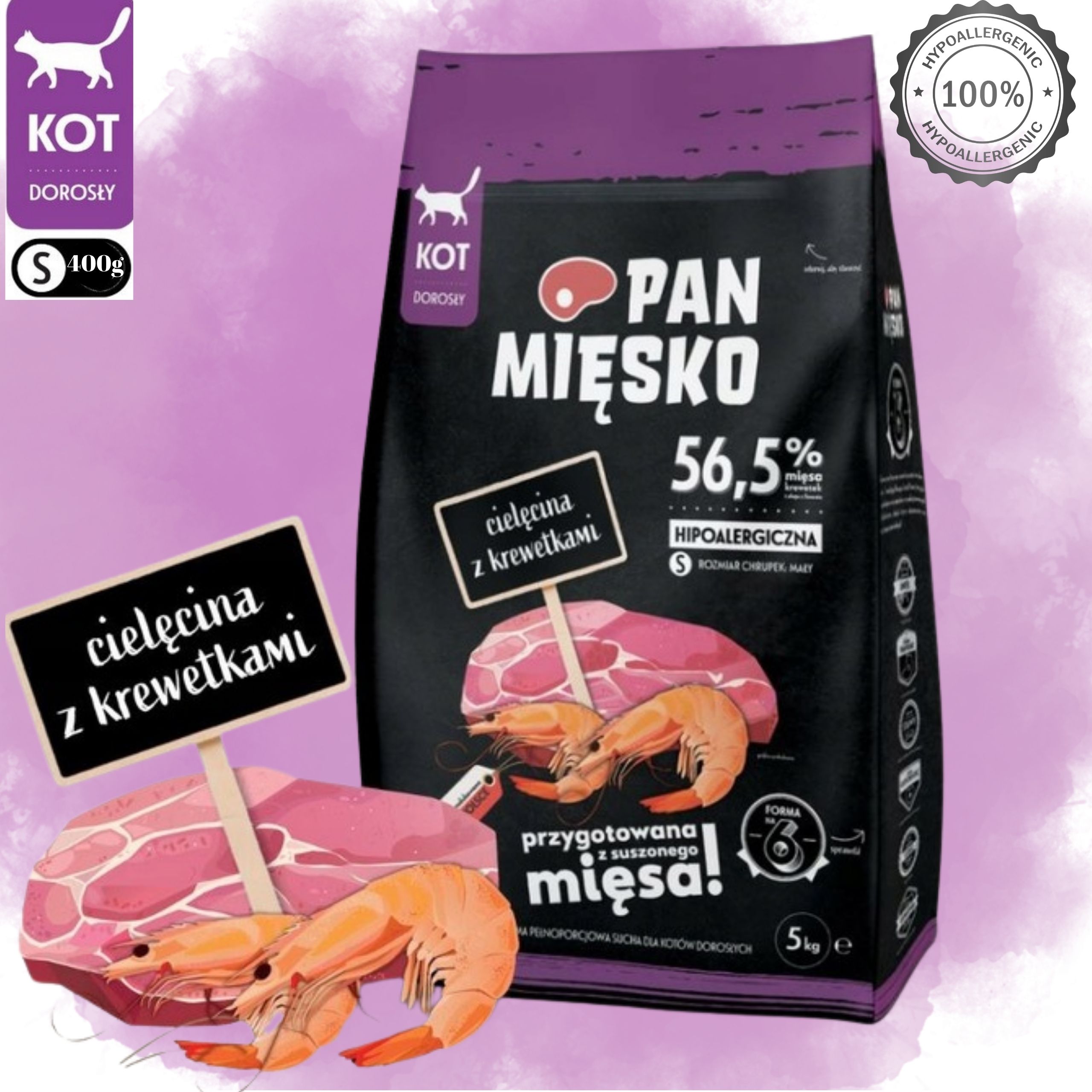 Sucha karma dla kota Pan Mięsko Cielęcina krewetki S 400 gr HIPOALERGICZNA