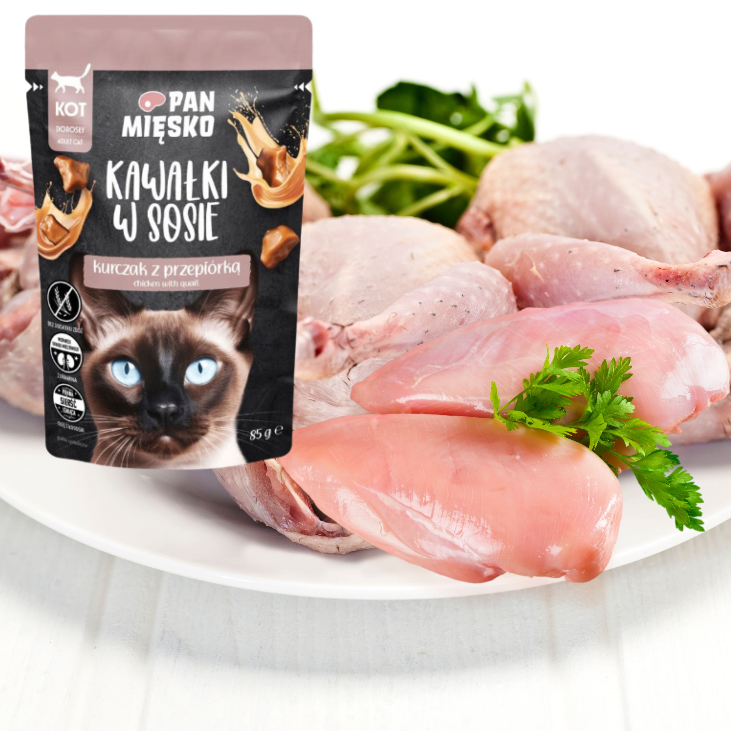 Karma mokra dla kota Kawałki mięsa Kurczak przepiórka Pan Mięsko 85g kot