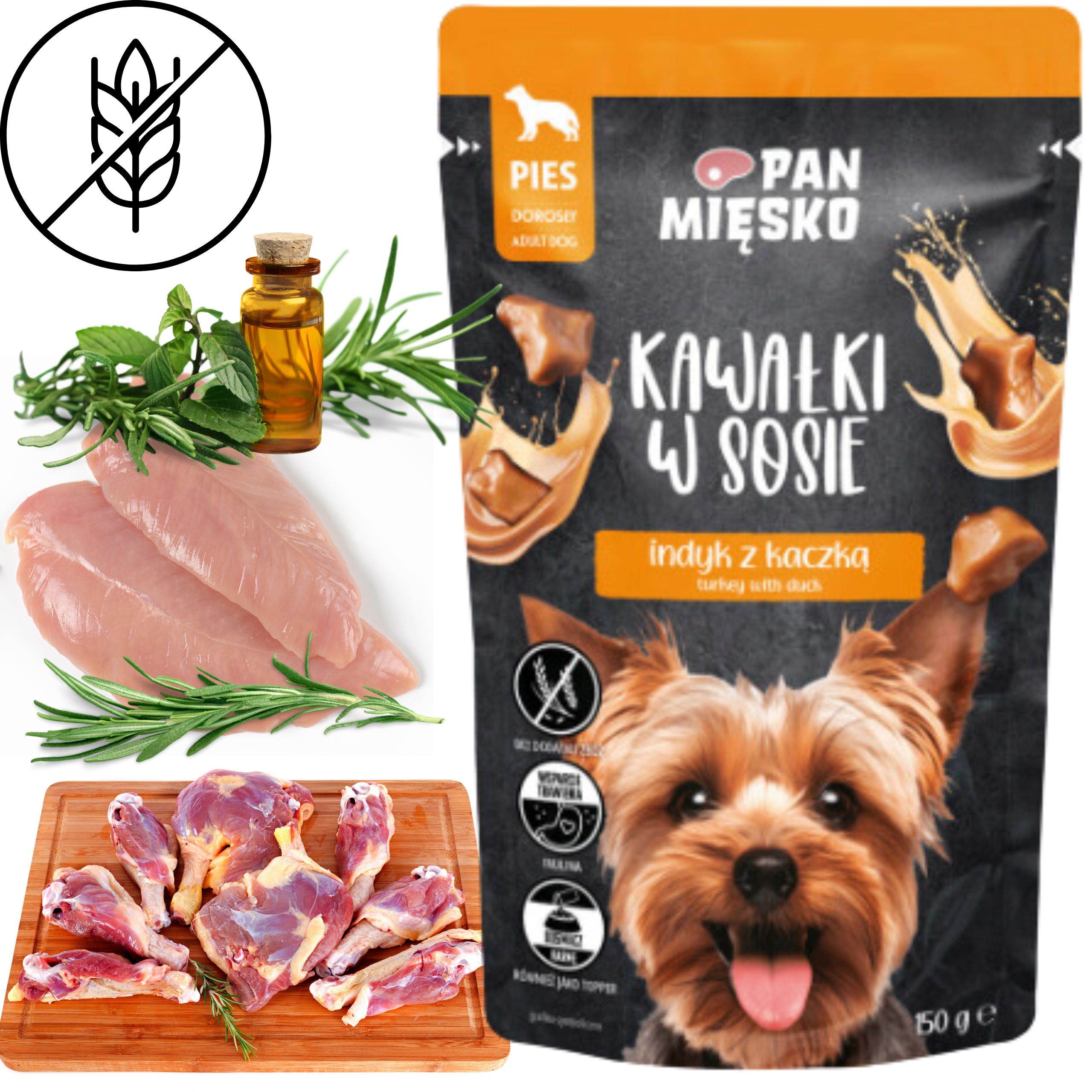Mokra karma dla psa Kawałki w sosie Indyk z kaczką Pan Mięsko 150g bez zbóż