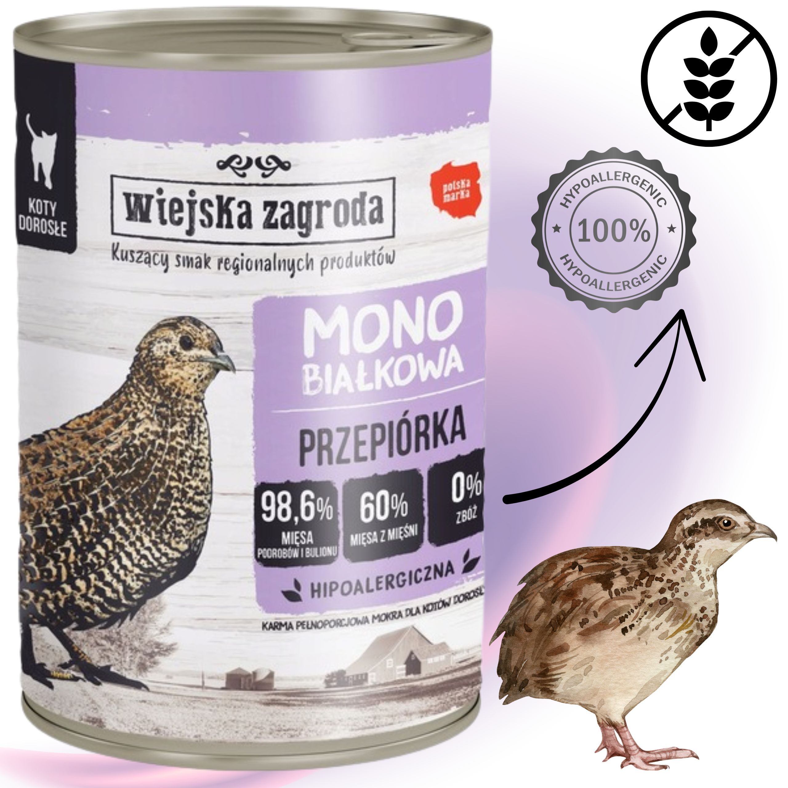Karma  mokra dla kota Monobiałkowa Przepiórka 400g Wiejska Zagroda alergia