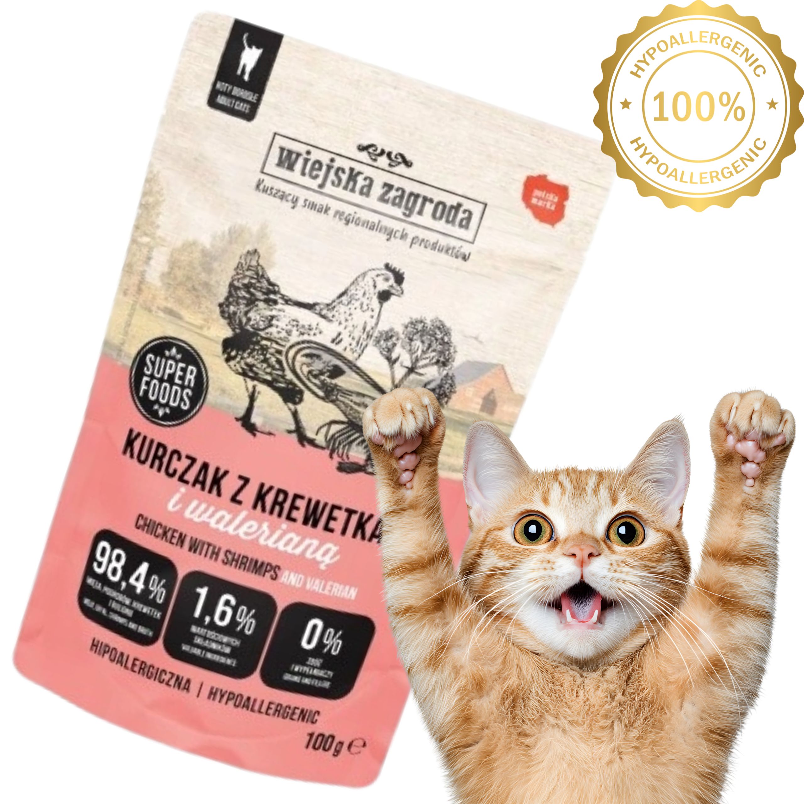 Karma mokra dla kota Kurczak z krewetkami i waleriana 100g Wiejska Zagroda