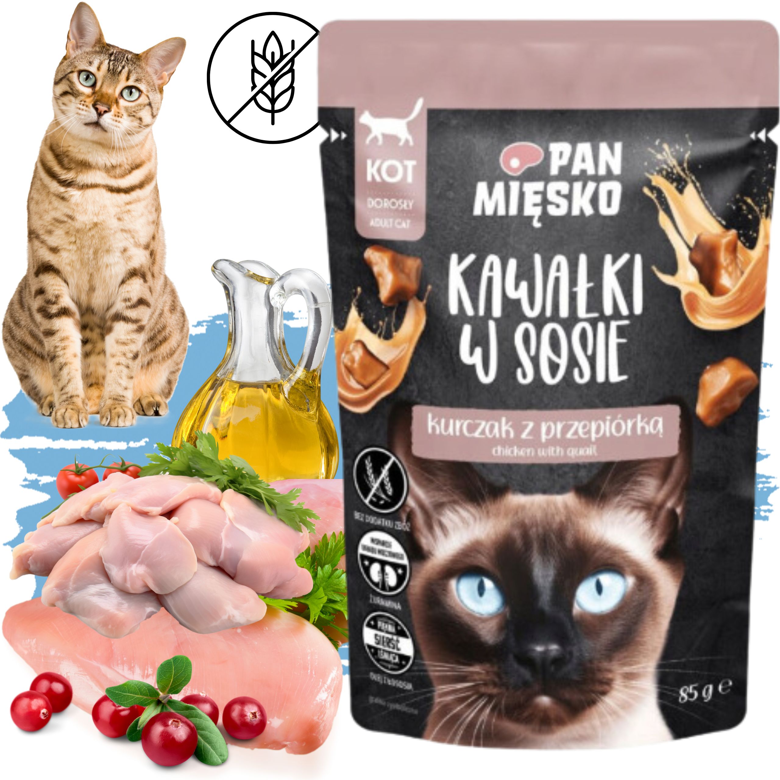 Karma mokra dla kota Kawałki mięsa Kurczak przepiórka Pan Mięsko 85g kot
